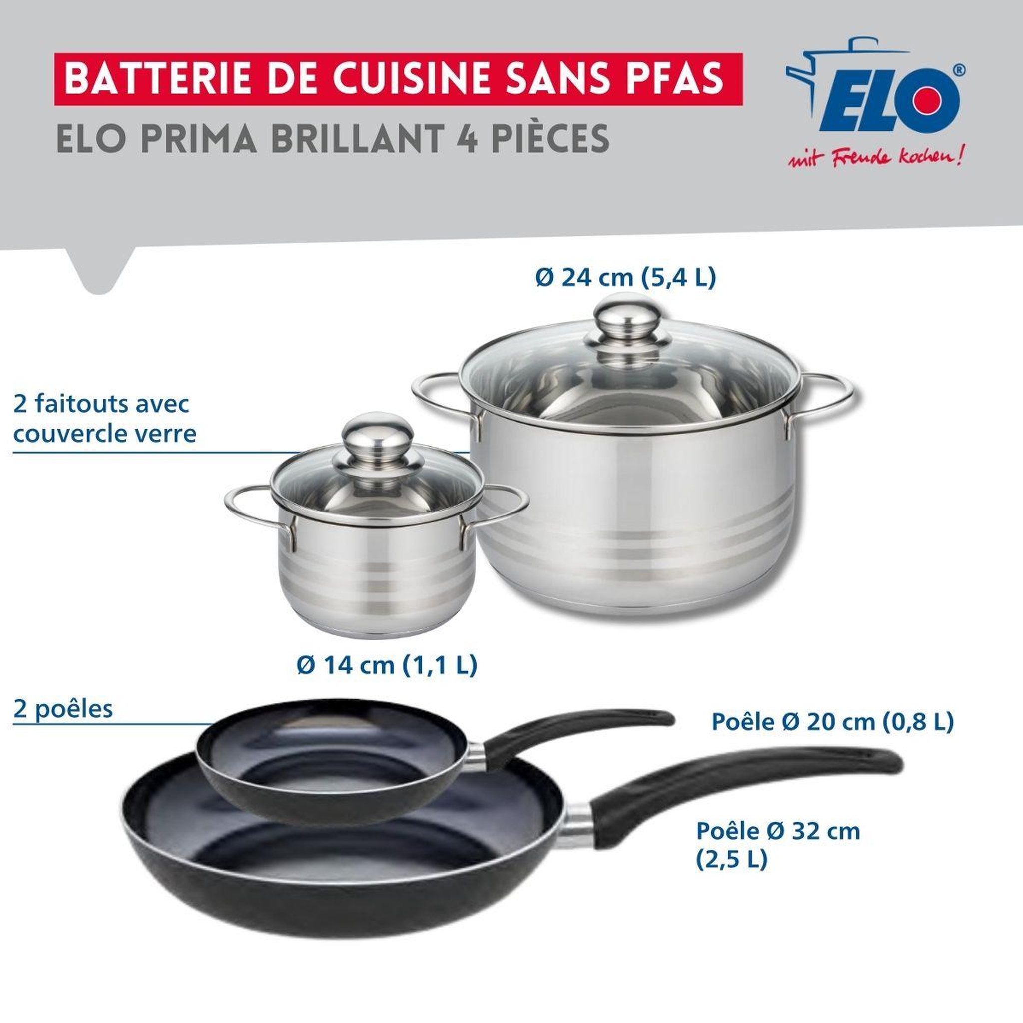 Voir la diapositive 2 : ELO Ensemble de 2 poêles de cuisson 20 et 32 cm et 2 faitouts 14 et 24 cm elo prima brillant