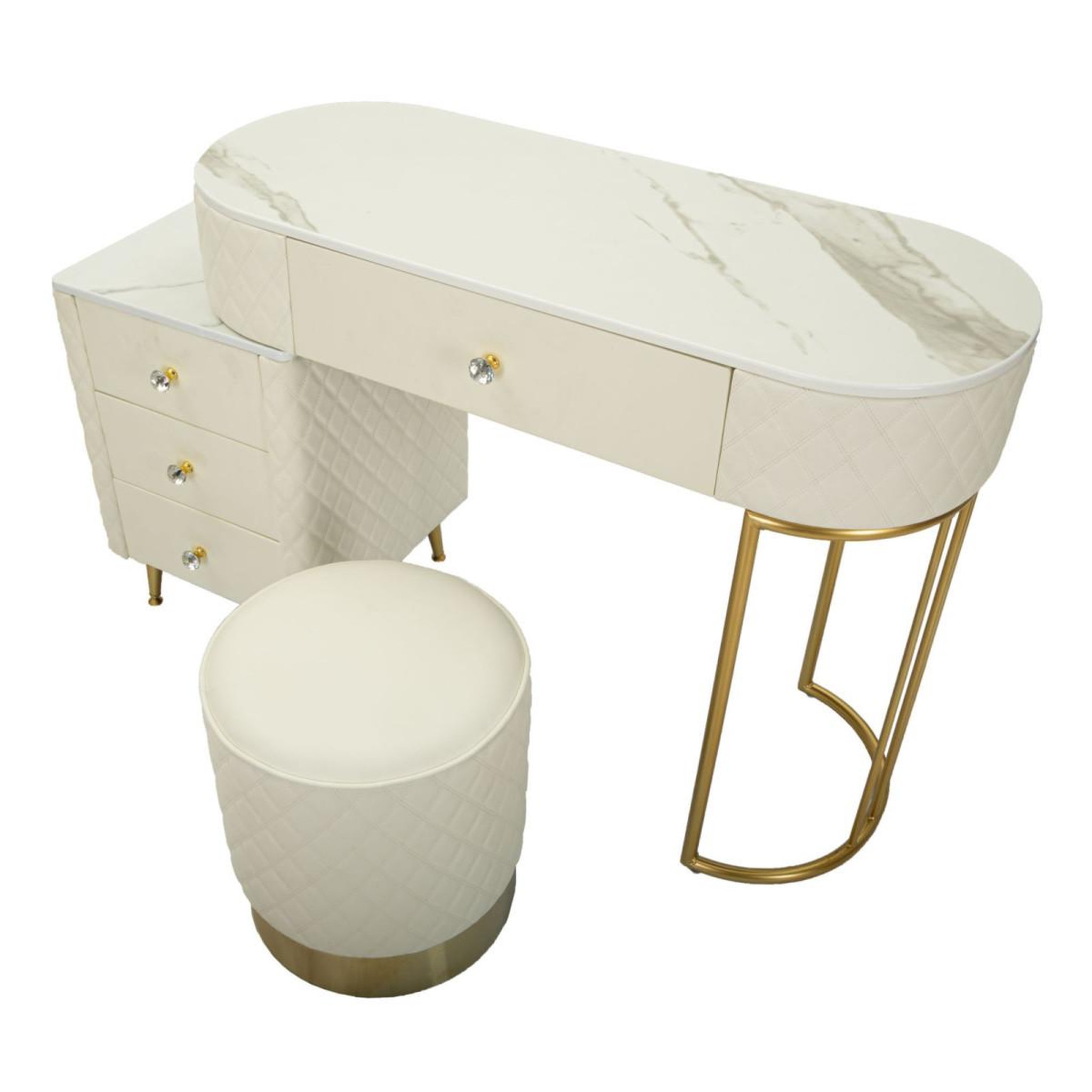 Voir la diapositive 4 : Paris Prix Coiffeuse avec pouf effet marbre  sharon  120 blanc & or