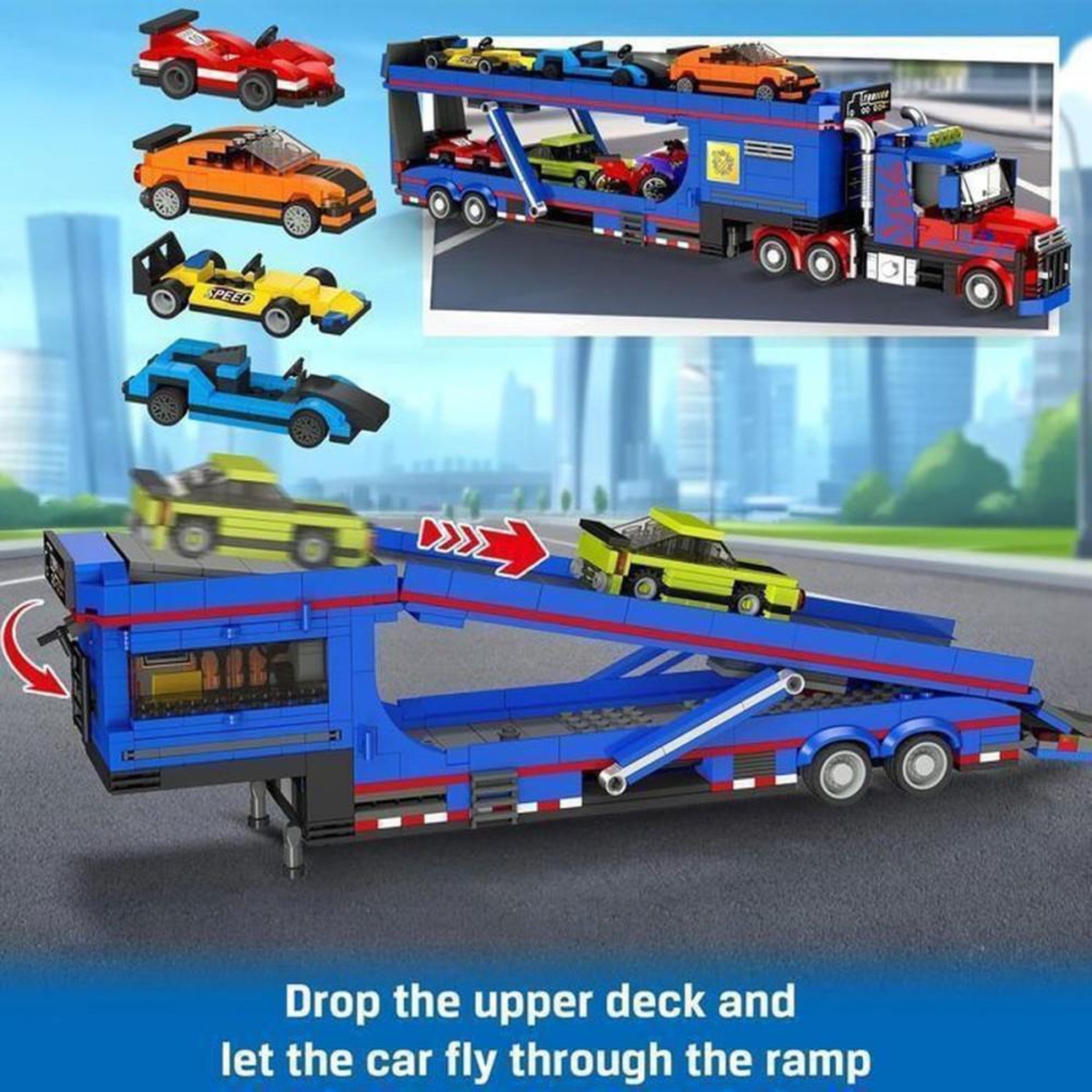 Voir la diapositive 2 : Jeu de construction camion transporteur 1050 pièces avec rampe ajustable, cabines ouvrante et toit amovible, atelier et mini voitures