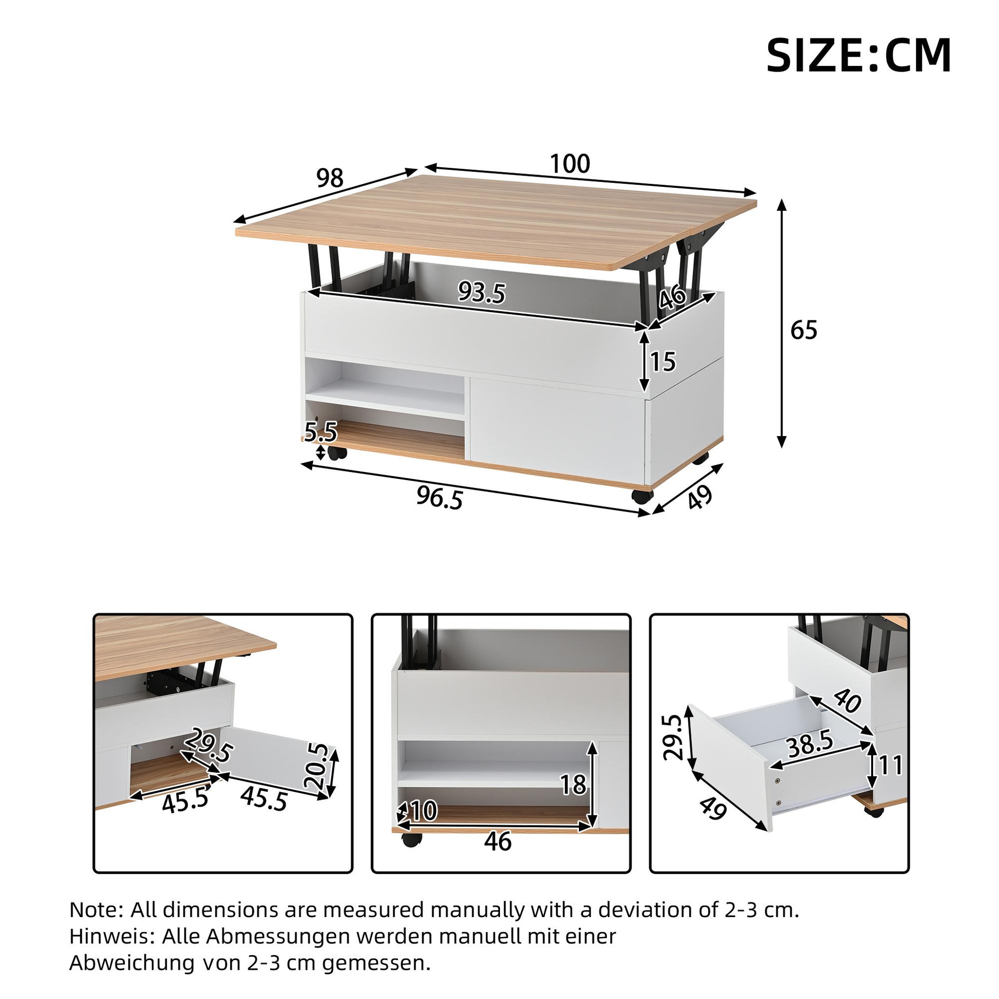 Voir la diapositive 3 : MERAX Table basse relevable rectangulaire blanc+naturel - 98x100 cm panneau de particules