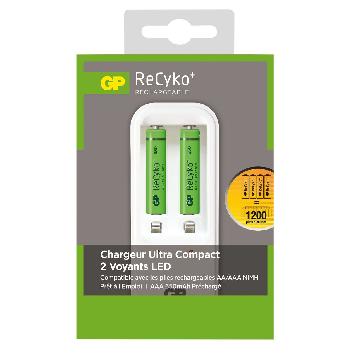 GP Recyko chargeur compact - lot de 2 piles AAA + chargeur