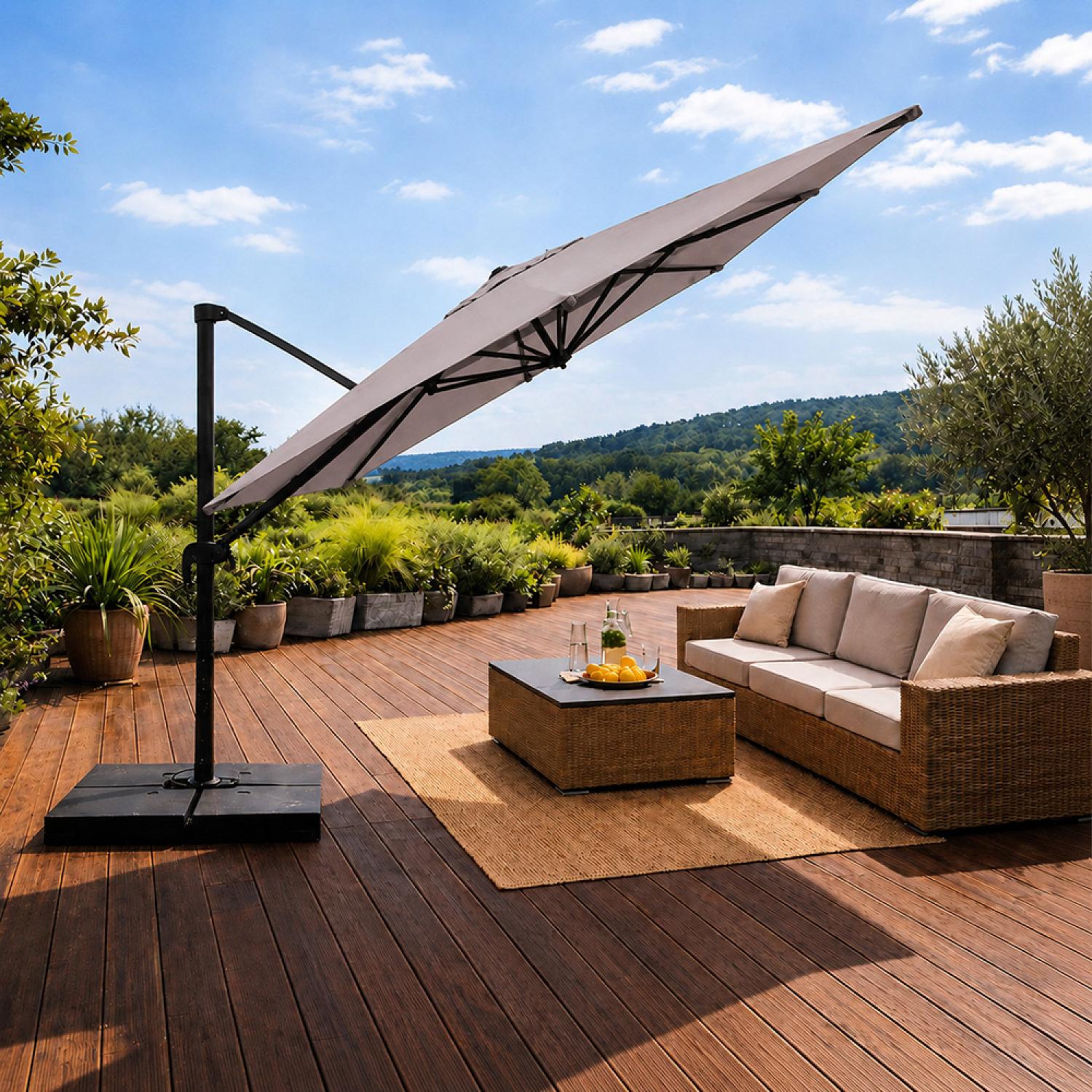 Voir la diapositive 5 : CONCEPT USINE Parasol rectangulaire 3x4 déporté rotatif gris en aluminium cezir