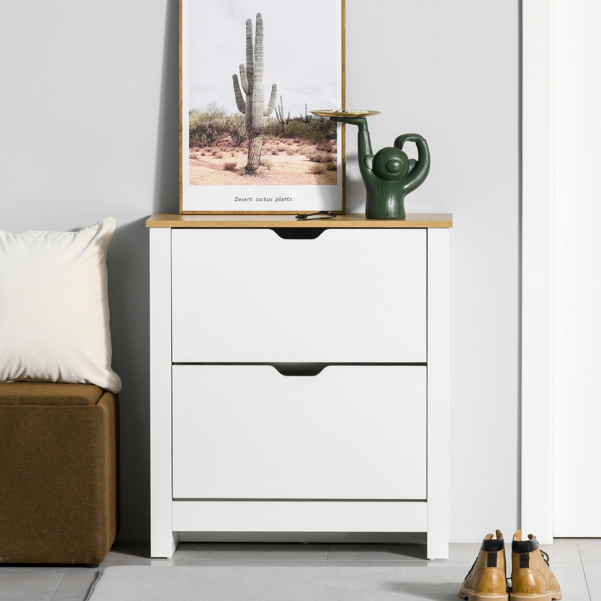 Voir la diapositive 4 : HOMCOM Armoire à chaussures 2 portes abattantes 2 compartiments panneaux particules blanc chêne