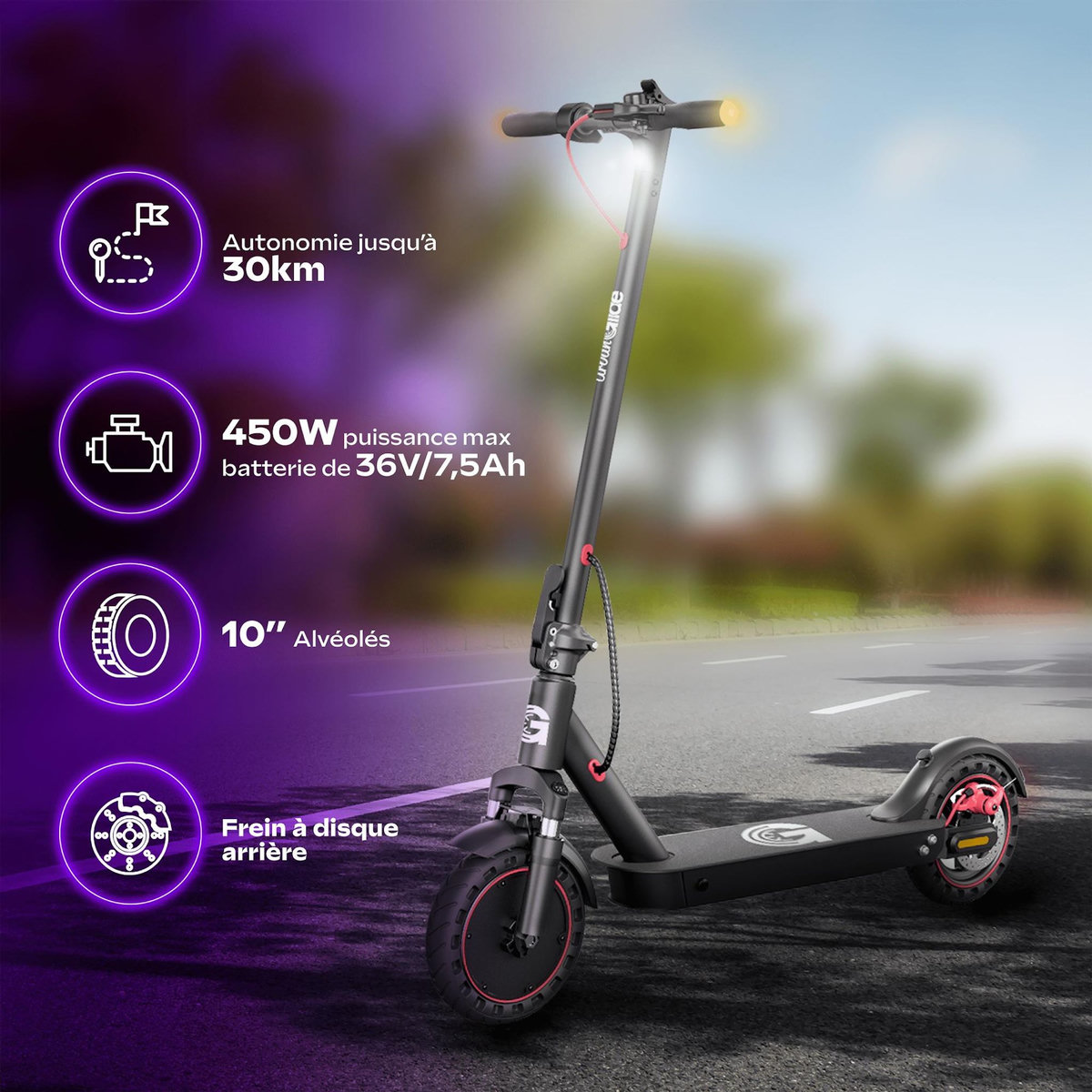 URBANGLIDE Trottinette Électrique 100 PRO 2 – 450W, 25 km/h, Autonomie 30 km - 10  - 36V/7.5Ah - 15Kg
