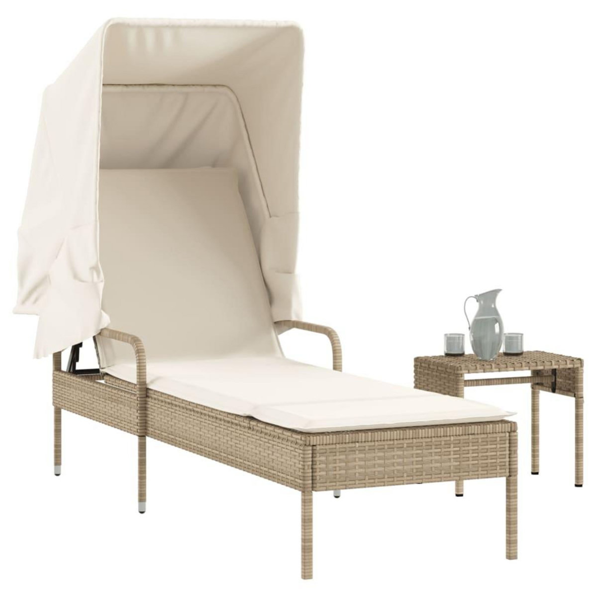 VIDAXL Chaise longue avec auvent et table beige resine tressee