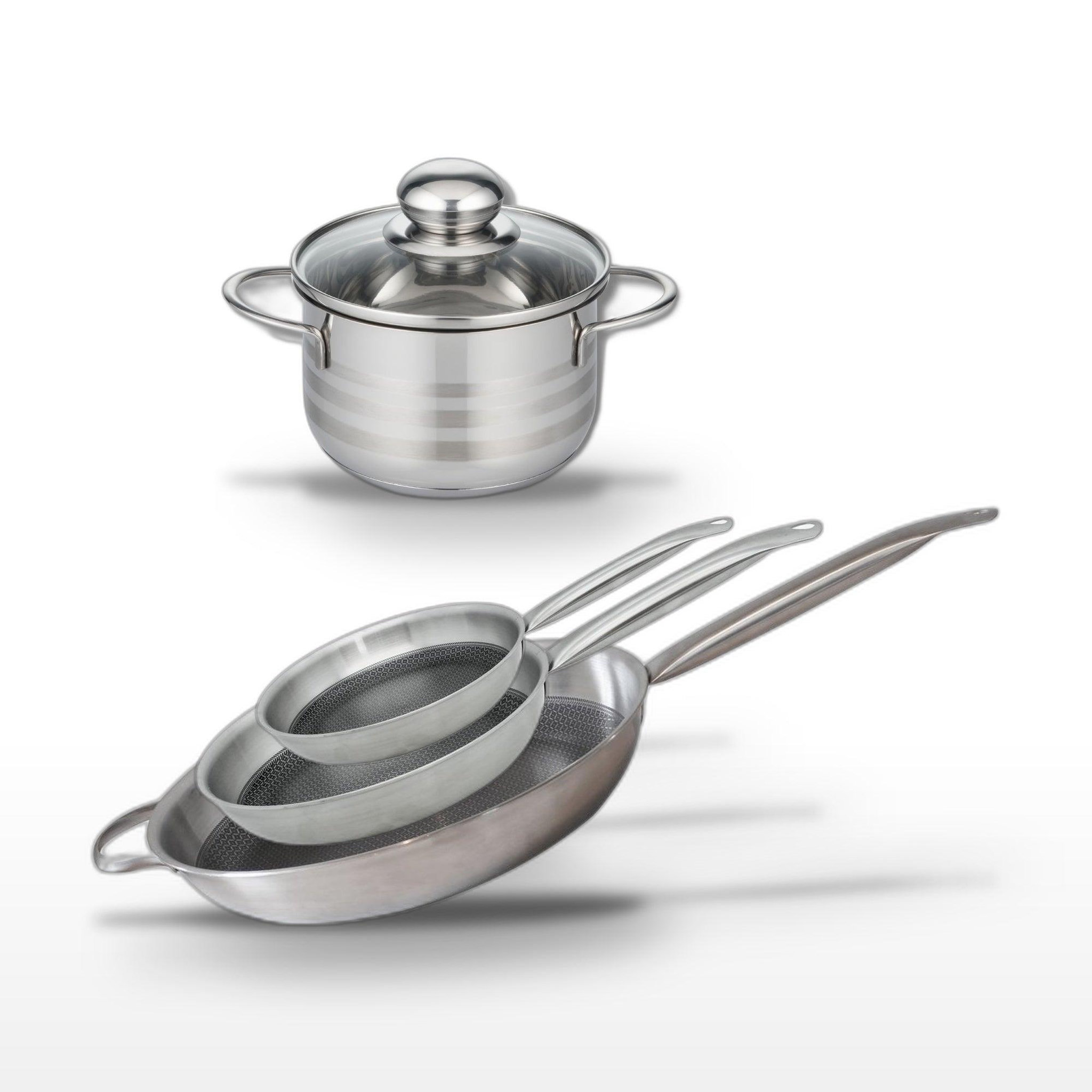 ELO Batterie de cuisine avec 3 poêles 24/28/32 cm et 1 faitout 16 cm en inox elo collection relief solution brillant