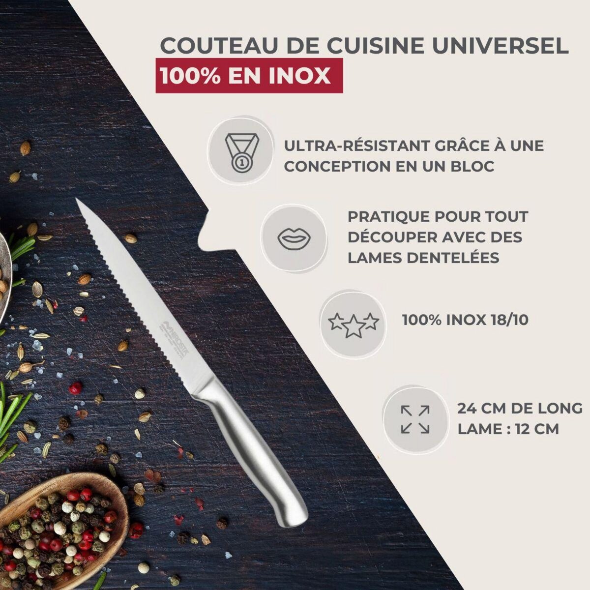 NIROSTA Ensemble de 6 Couteaux de cuisine professionnel 24 cm lame crantée Nirosta Star
