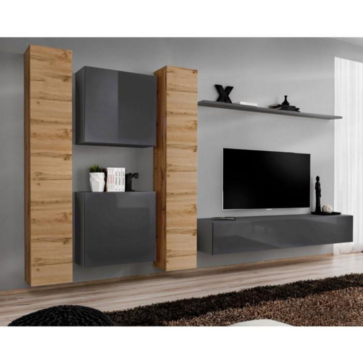 Paris Prix Meuble TV Mural Design  Switch VI  330cm Naturel & Gris