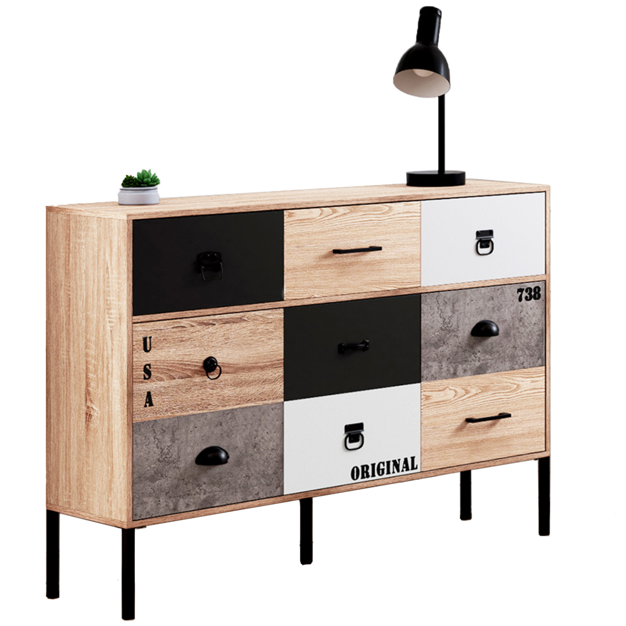 ID MARKET Buffet 3 portes 3 tiroirs 110 cm SACRAMENTO design industriel