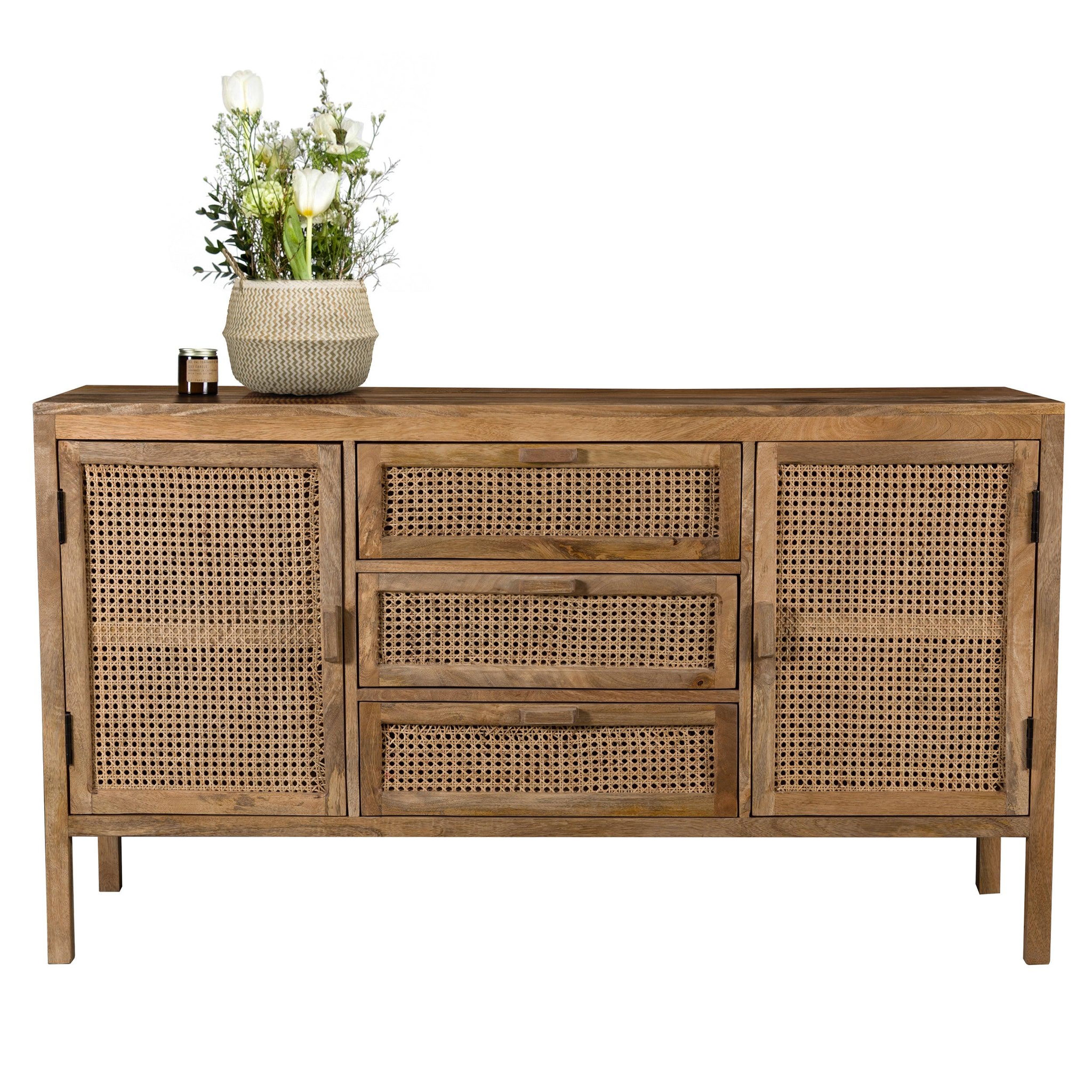 Voir la diapositive 3 : MAISON PAVANE Buffet en bois de manguier et cannage 2 portes 3 tiroirs-tiki