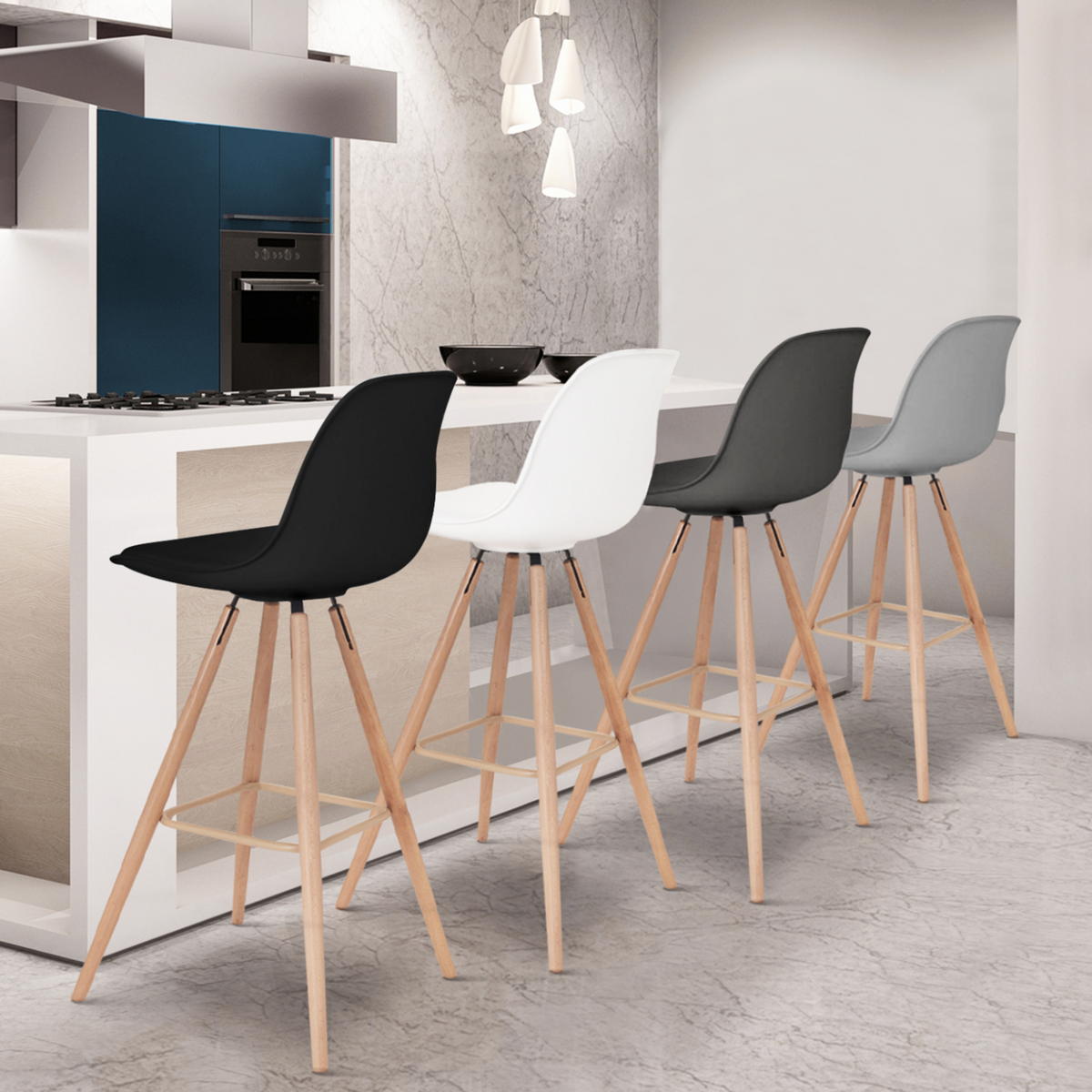 ID MARKET Lot de 4 tabourets de bar SARA mix color gris foncé, gris clair, blanc et noir