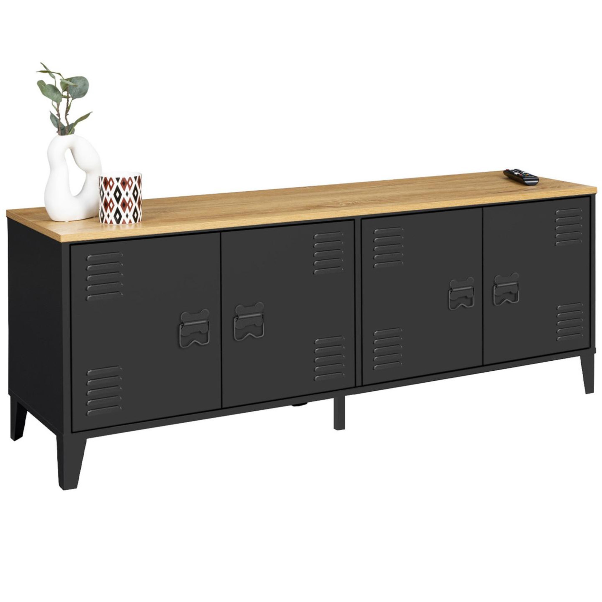 ID MARKET Buffet bas 140 cm ester 4 portes métal noir et plateau bois design industriel