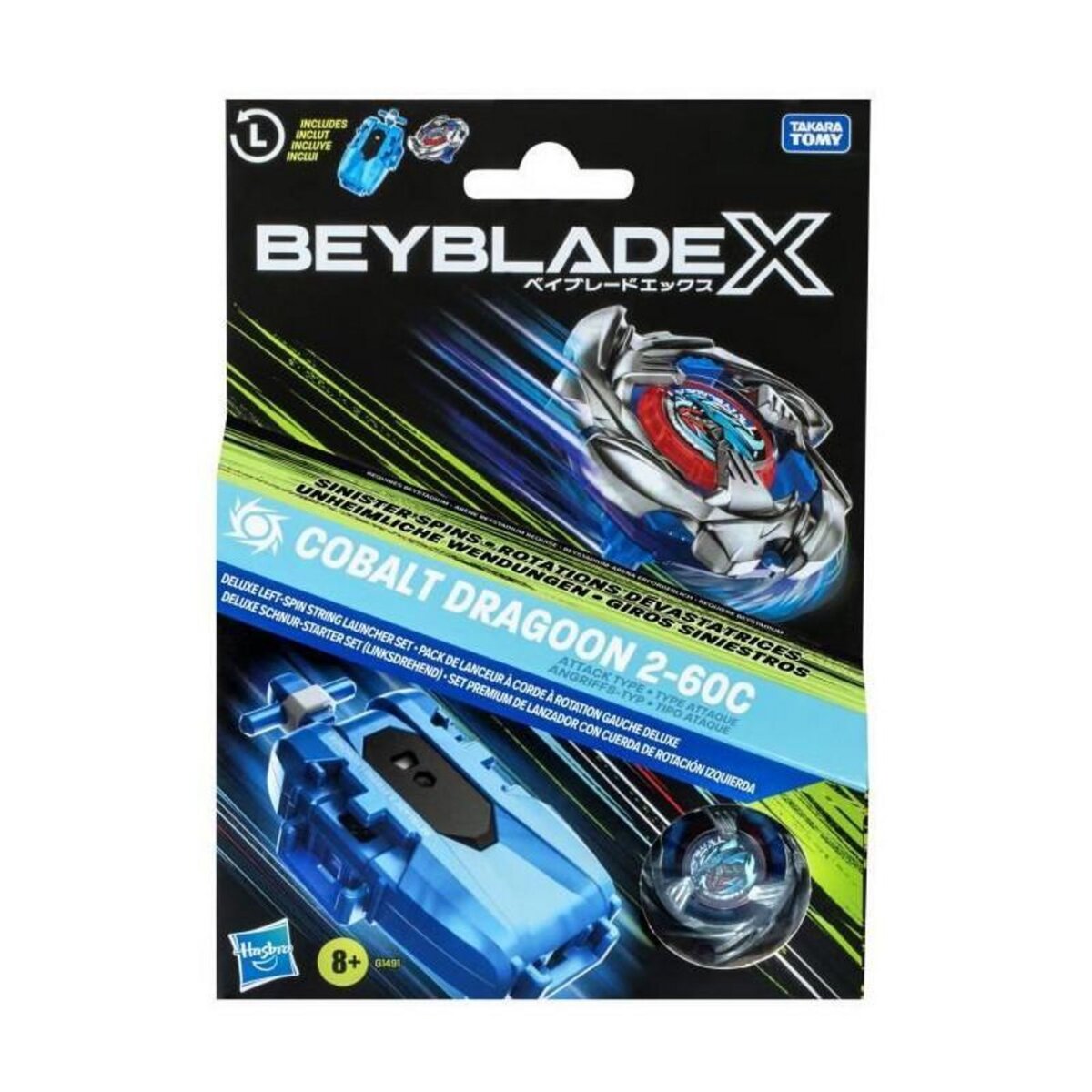 HASBRO Beyblade X pack Cobalt Dragoon 2-60C avec lanceur a corde deluxe, toupie a rotation gauche, des 8 ans