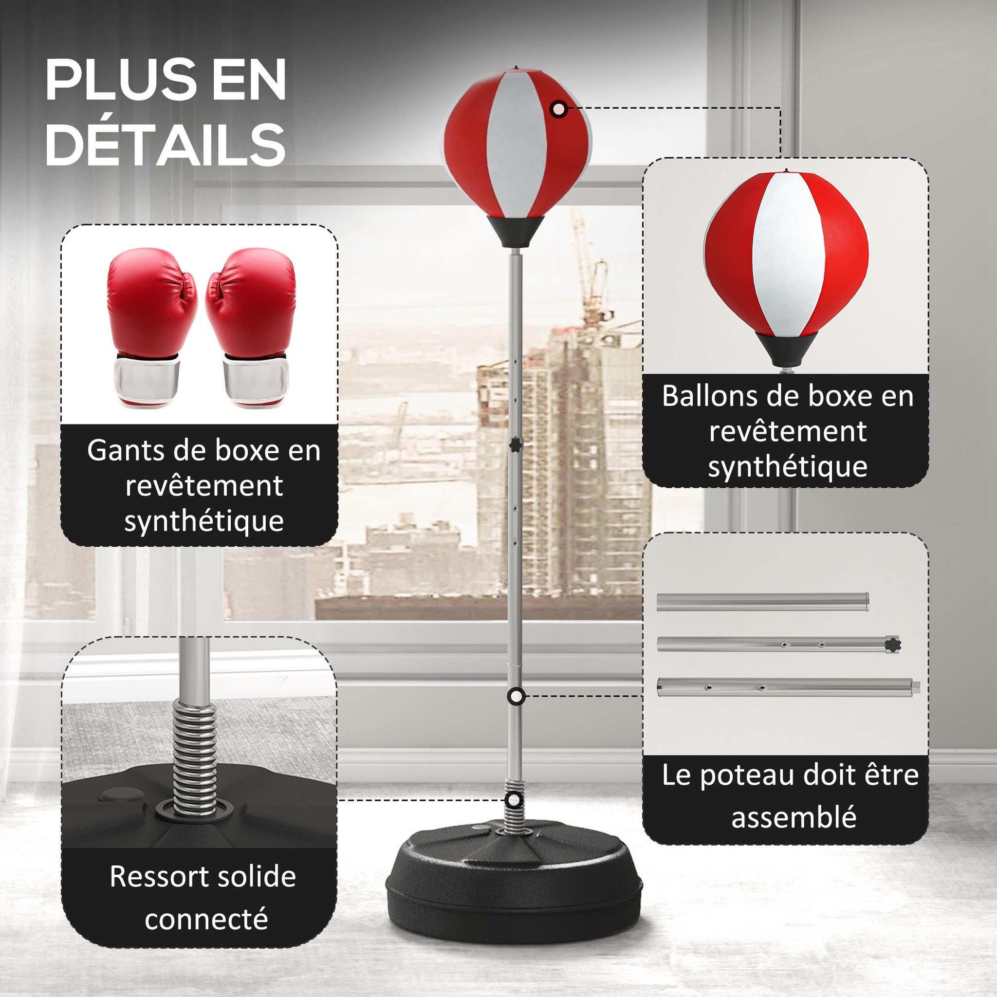 Voir la diapositive 6 : HOMCOM Punching ball sur pied réglable en hauteur 126-144 cm avec gants, pompe et base de lestage rouge blanc