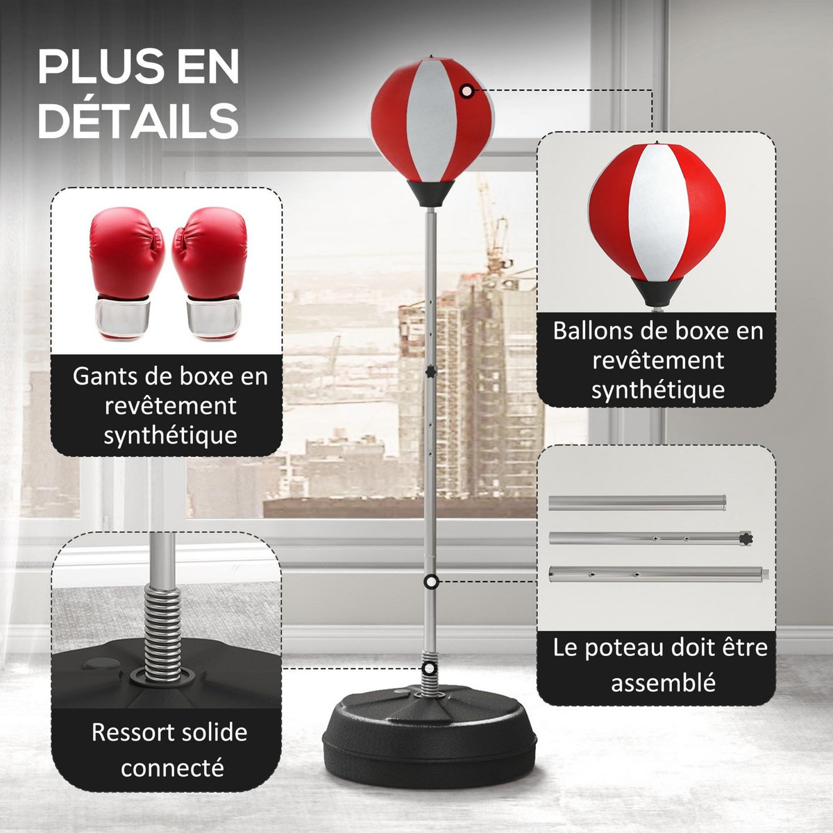 HOMCOM Punching ball sur pied réglable en hauteur 126-144 cm avec gants, pompe et base de lestage rouge blanc