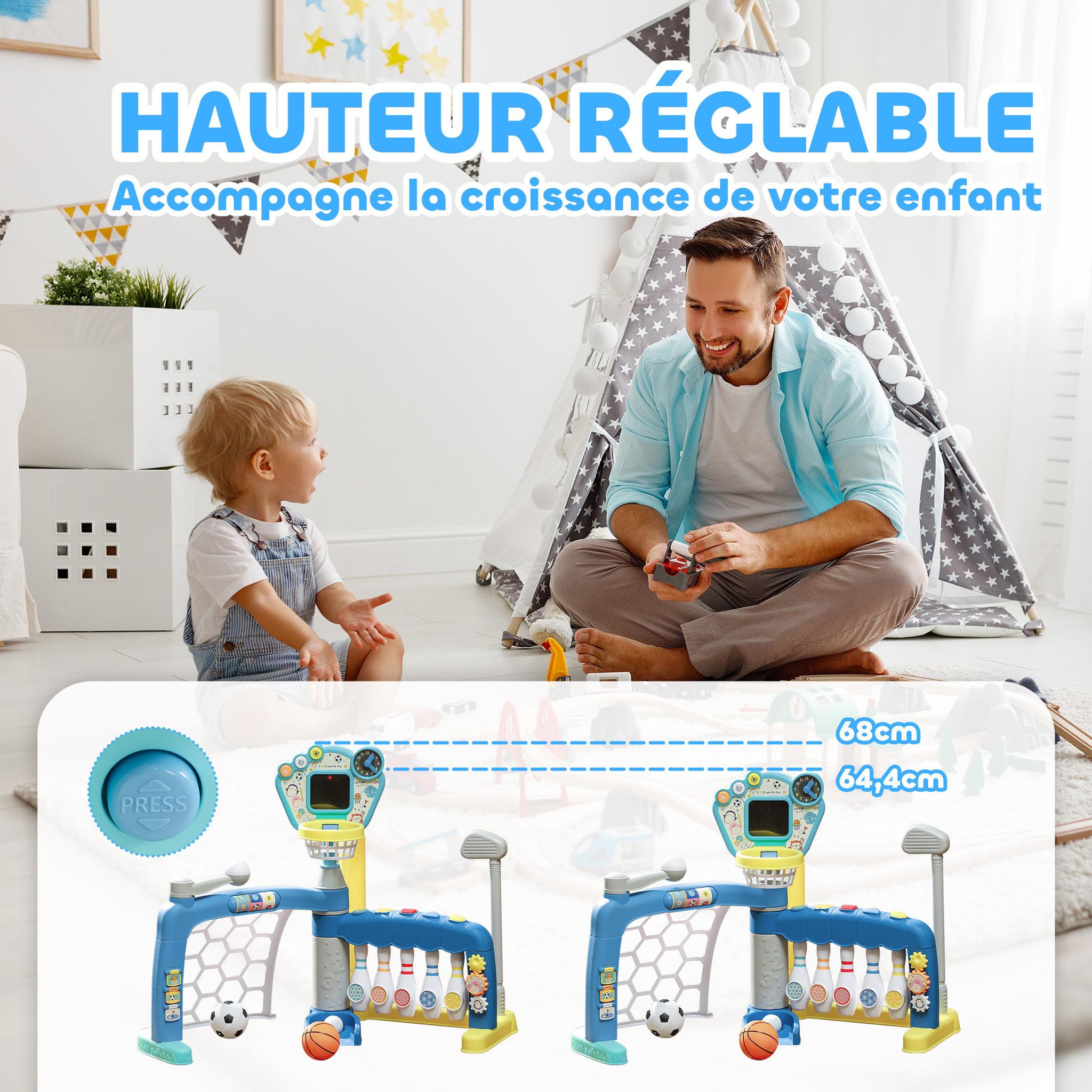 Voir la diapositive 6 : HOMCOM Jeux sportifs 5 en 1 enfant 18-48 mois - foot, basket, golf, baseball, bowling - effets lumineux sonores bleu