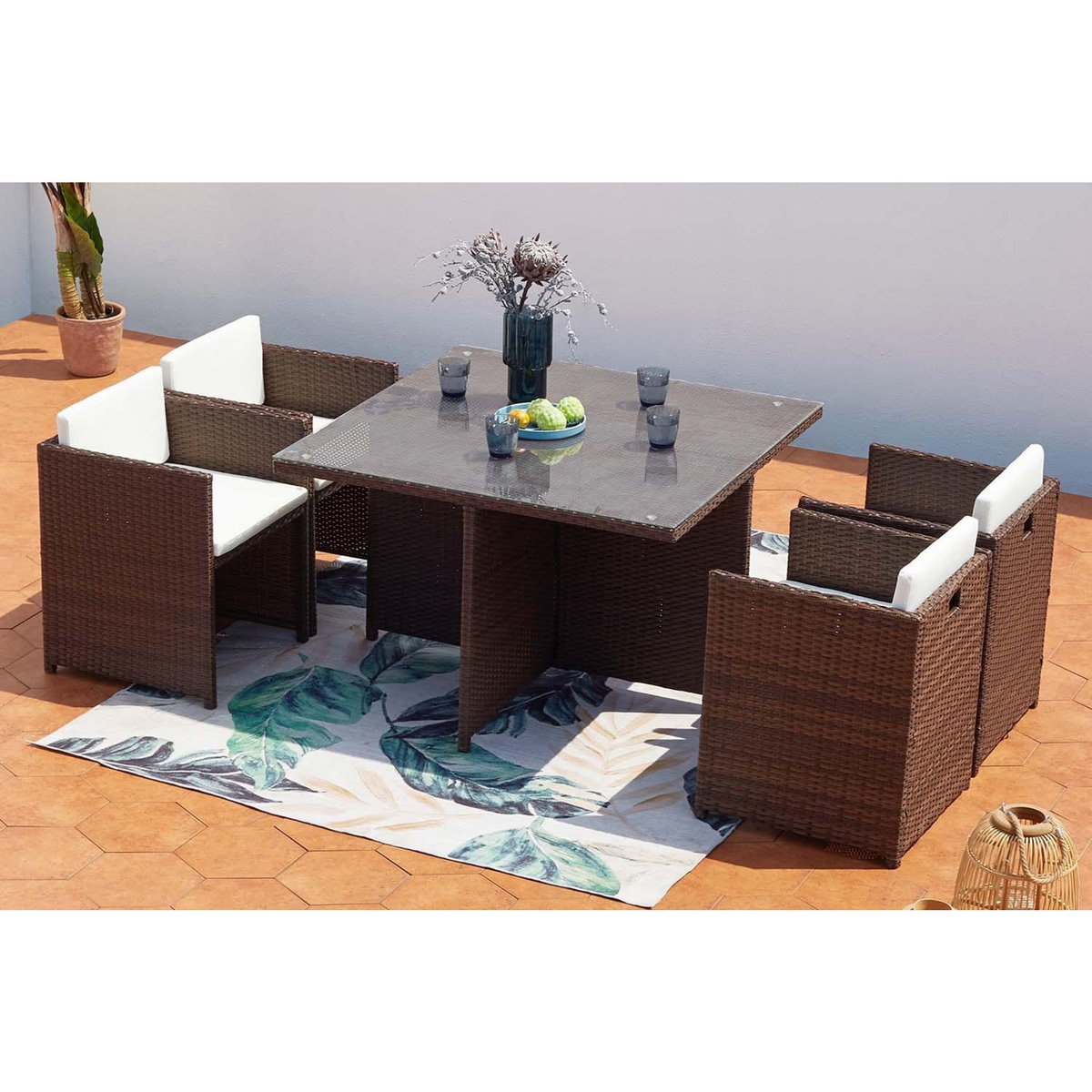 CONCEPT USINE Table et chaises 4 places encastrables résine marron-blanc MIAMI