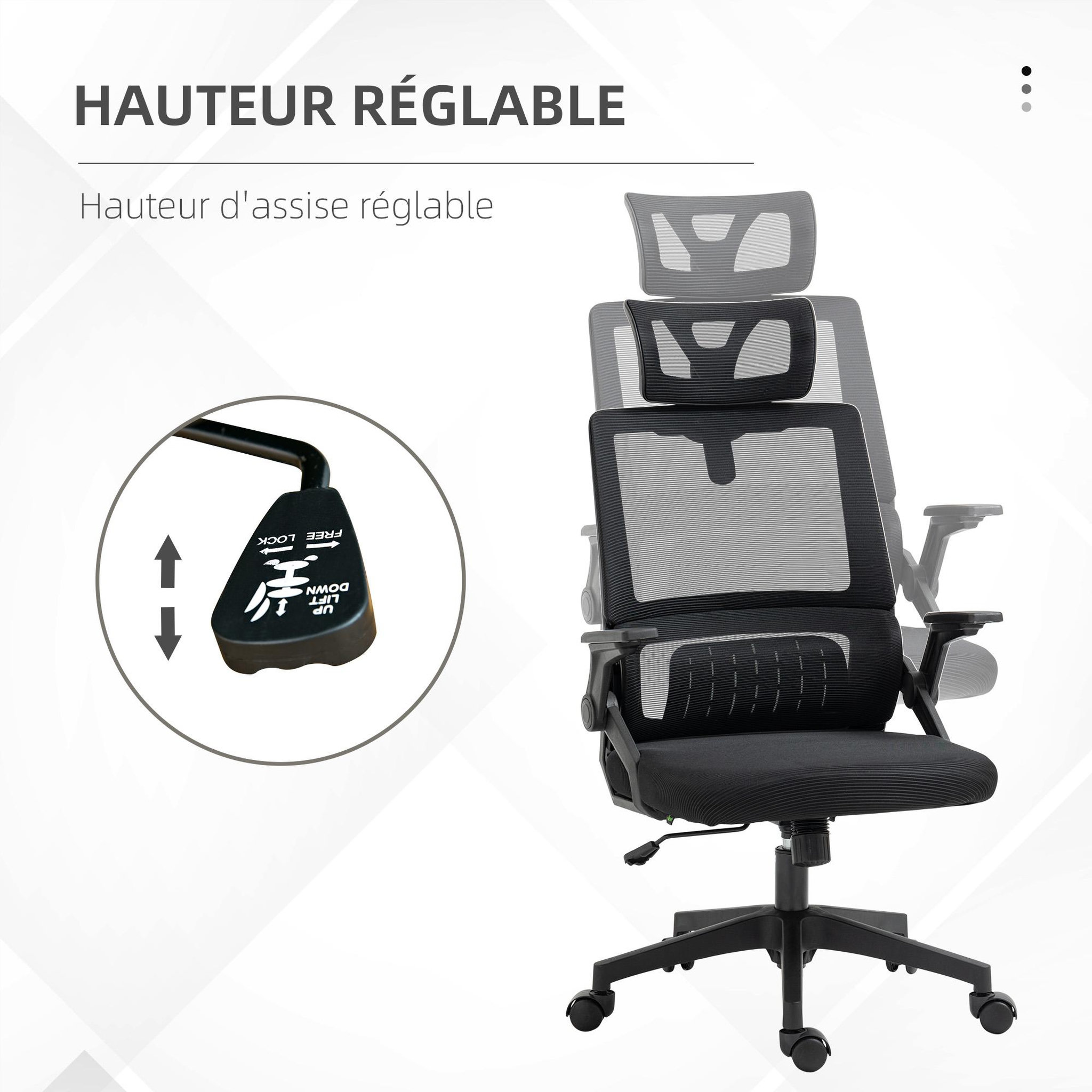 Voir la diapositive 4 : VINSETTO Chaise de bureau ergonomique réglable inclinable pivotante maille polyester noir