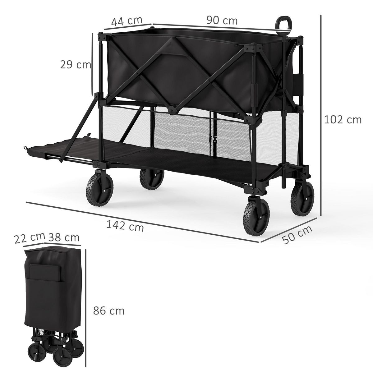 OUTSUNNY Chariot de jardin pliable multi-rangement max. 200 Kg - poignée teslescopique - roues tout terrain noir