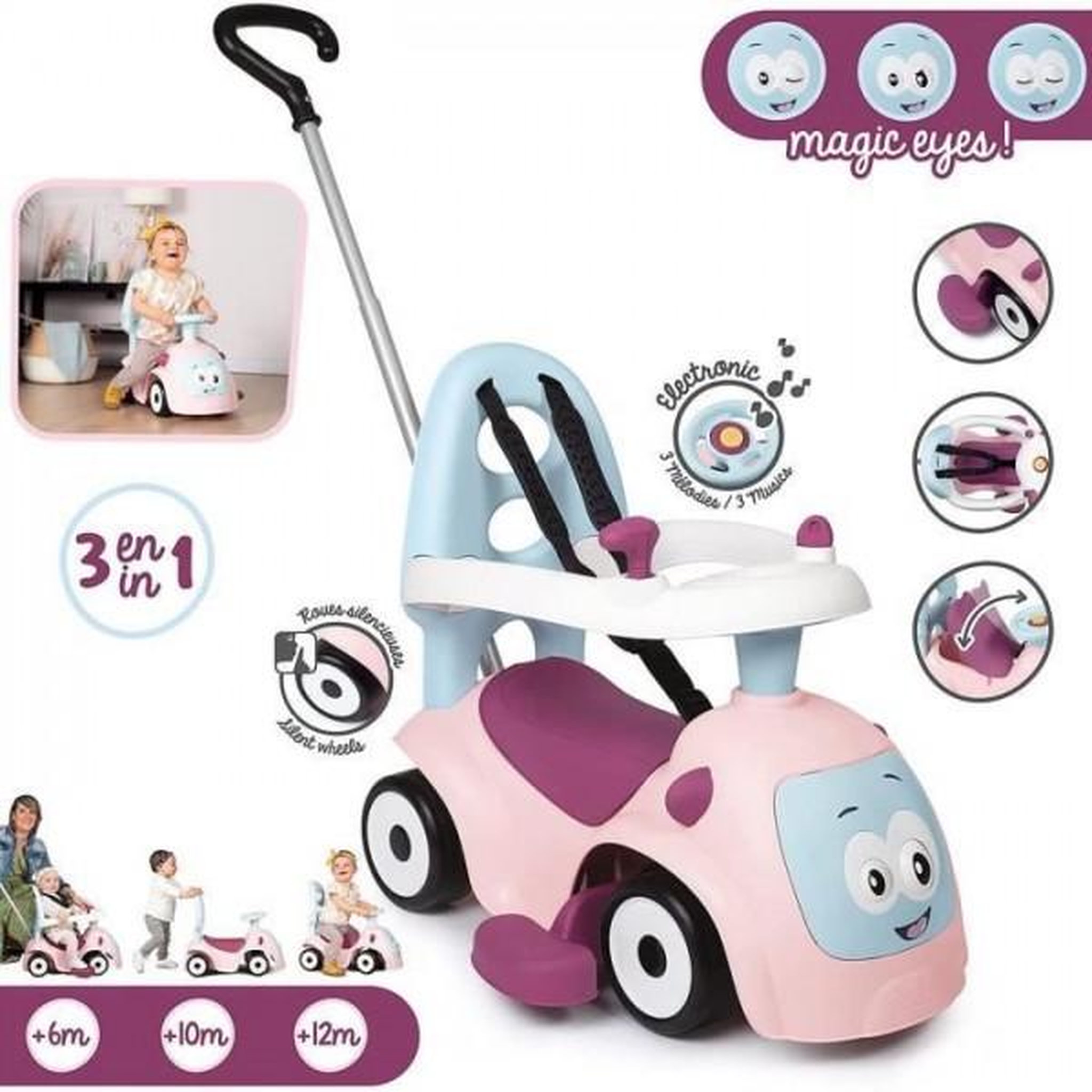 Voir la diapositive 2 : SMOBY Porteur Trotteur Smoby -  Maestro Balade Rose - Pour Enfant Des 6 Mois - Evolutif - Roues Silencieuses - Klaxon