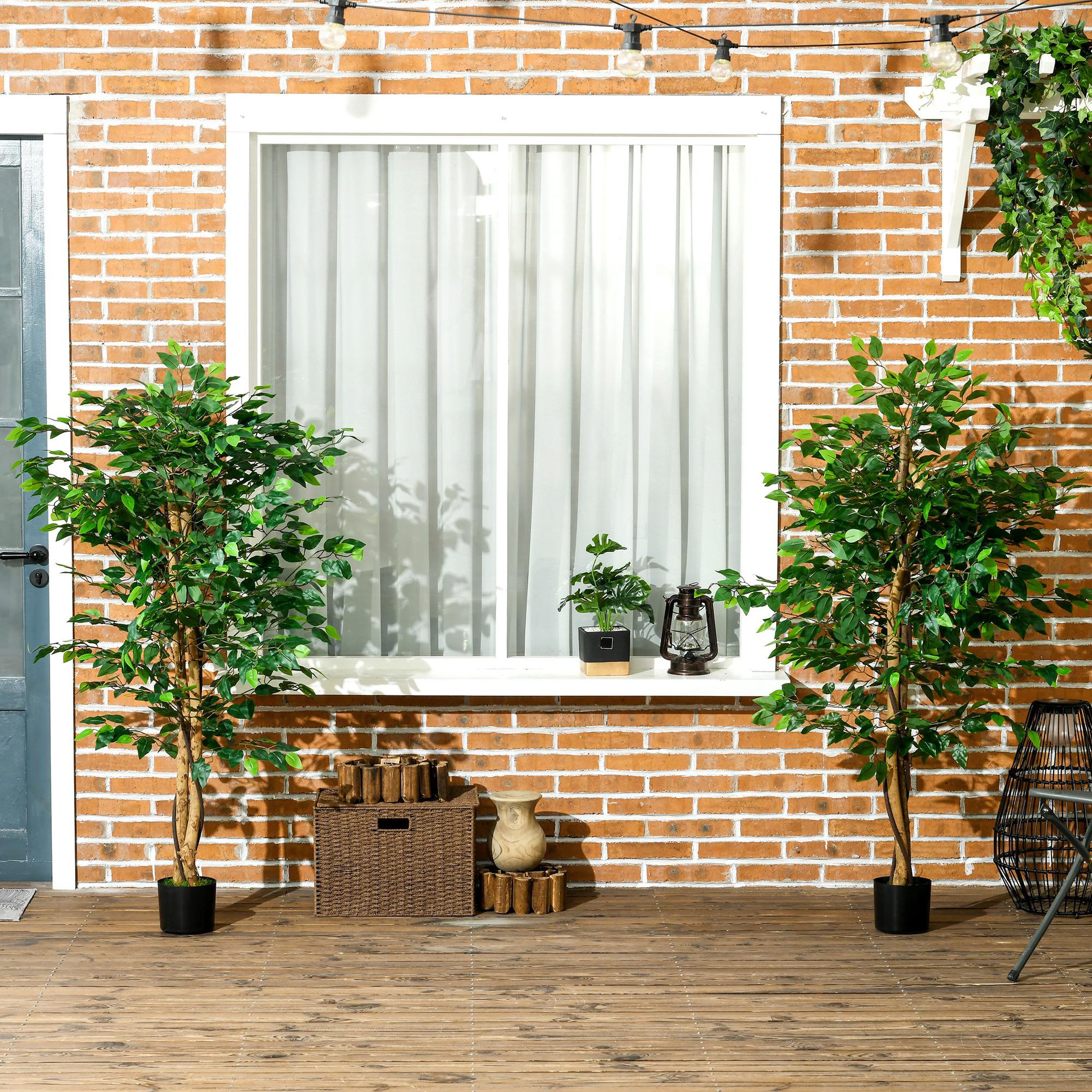 Voir la diapositive 2 : HOMCOM Lot de 2 plantes artificielles arbres ficus H.1,50 m tronc branches liane lichen feuilles grand réalisme pot inclus