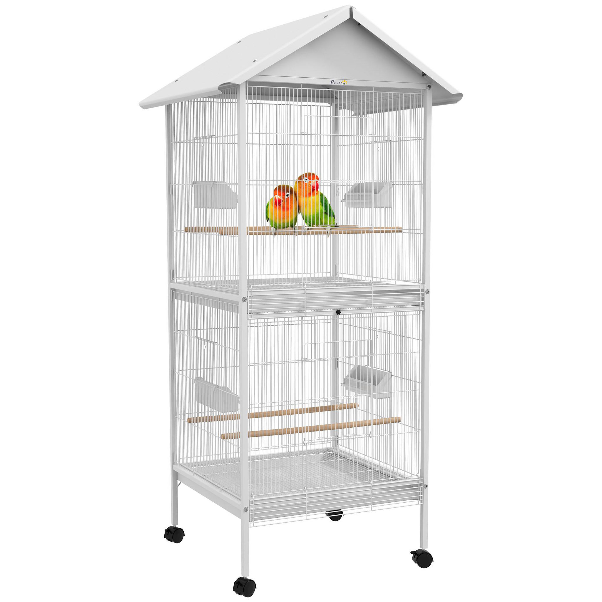 PAWHUT Volière cage à oiseaux sur roulettes design maison mangeoires perchoirs 10 portes plateaux excréments amovibles acier blanc