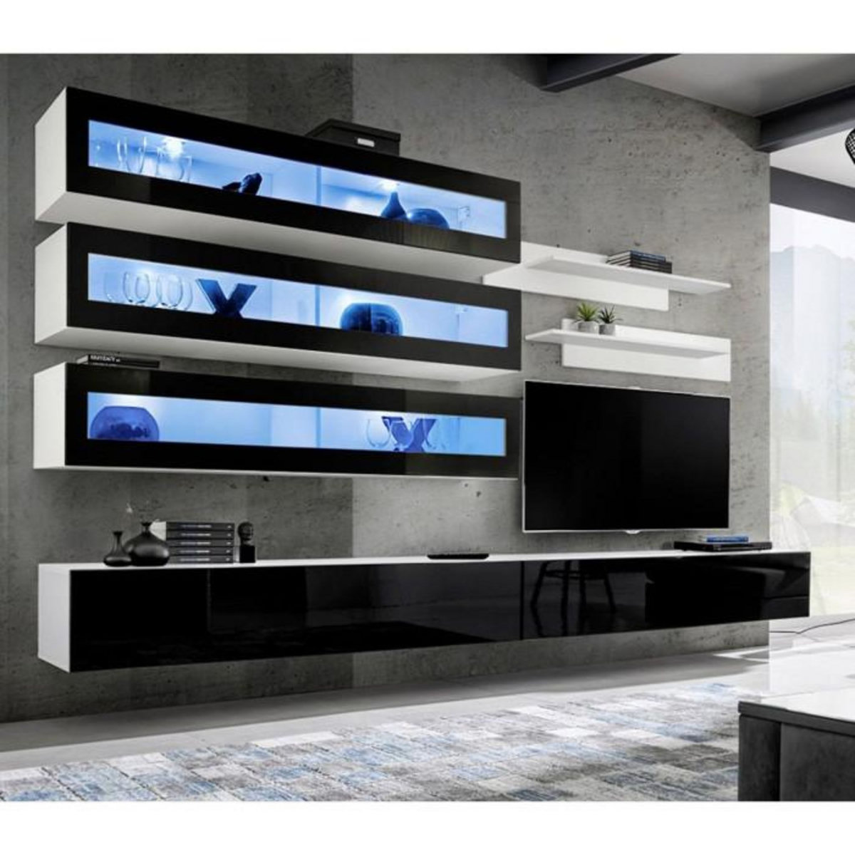 Paris Prix Meuble TV Mural Design  Fly X  320cm Noir & Blanc