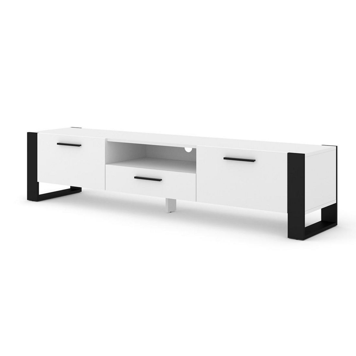 BEST MOBILIER Donnely - meuble tv - blanc et noir - 2 portes, 1 tiroir et 1 niche - 200 cm