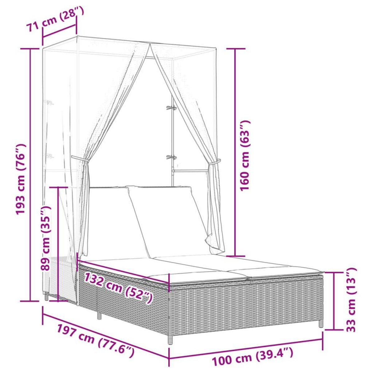 VIDAXL Chaise longue double avec toit et rideaux noir resine tressee