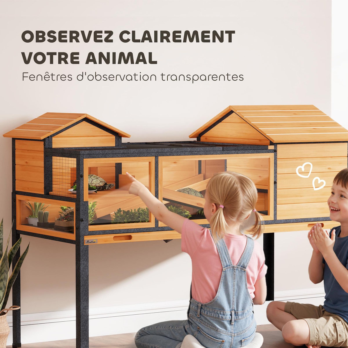 PAWHUT Terrarium design sur pieds - maison pour tortues - niches rampes plateau déjection - acier bois