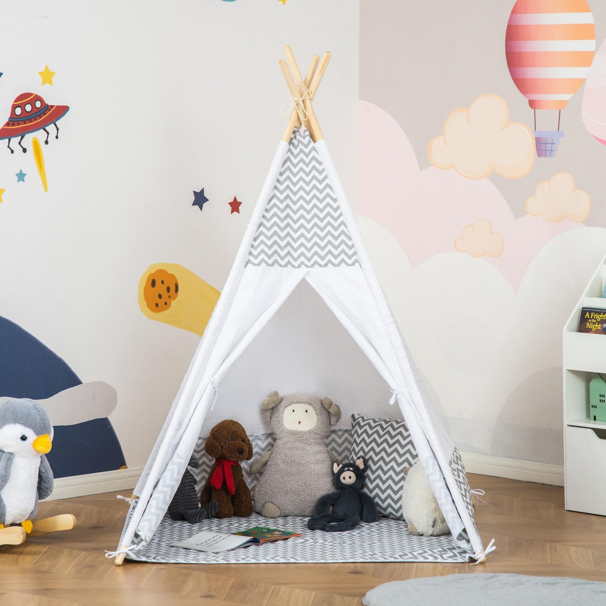 HOMCOM Tente teepee indien enfant style graphique - dim. 1,2L x 1,2I x 1,55H m - porte refermable, fenêtre, tapis, coussin, sac transport inclus - structure bois, toile polyester coton gris blanc