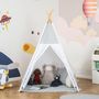 Voir la diapositive 2 : HOMCOM Tente teepee indien enfant style graphique - dim. 1,2L x 1,2I x 1,55H m - porte refermable, fenêtre, tapis, coussin, sac transport inclus - structure bois, toile polyester coton gris blanc