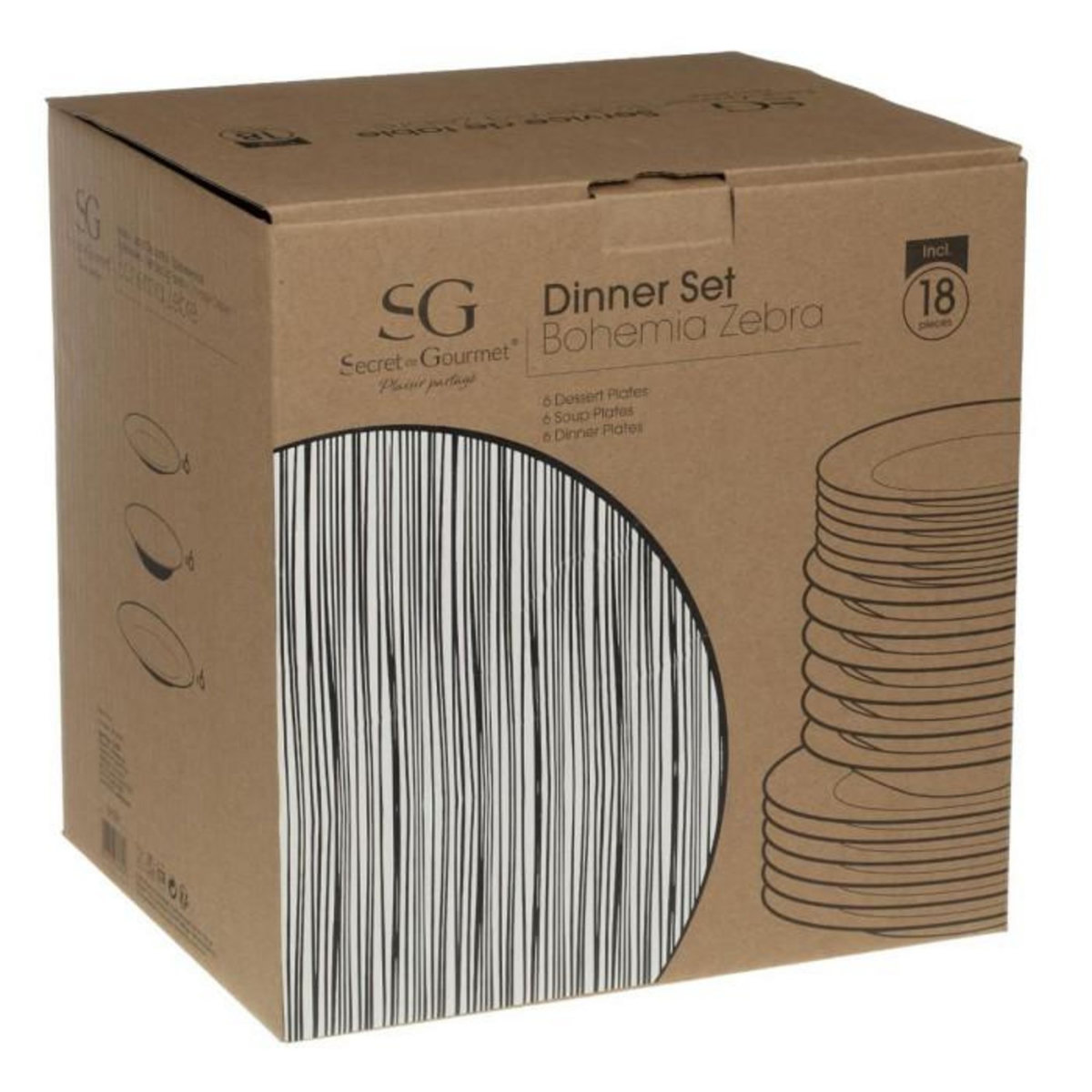 SECRET DE GOURMET Service de Table 18 Pièces  Bohemia Zèbre  27cm Noir
