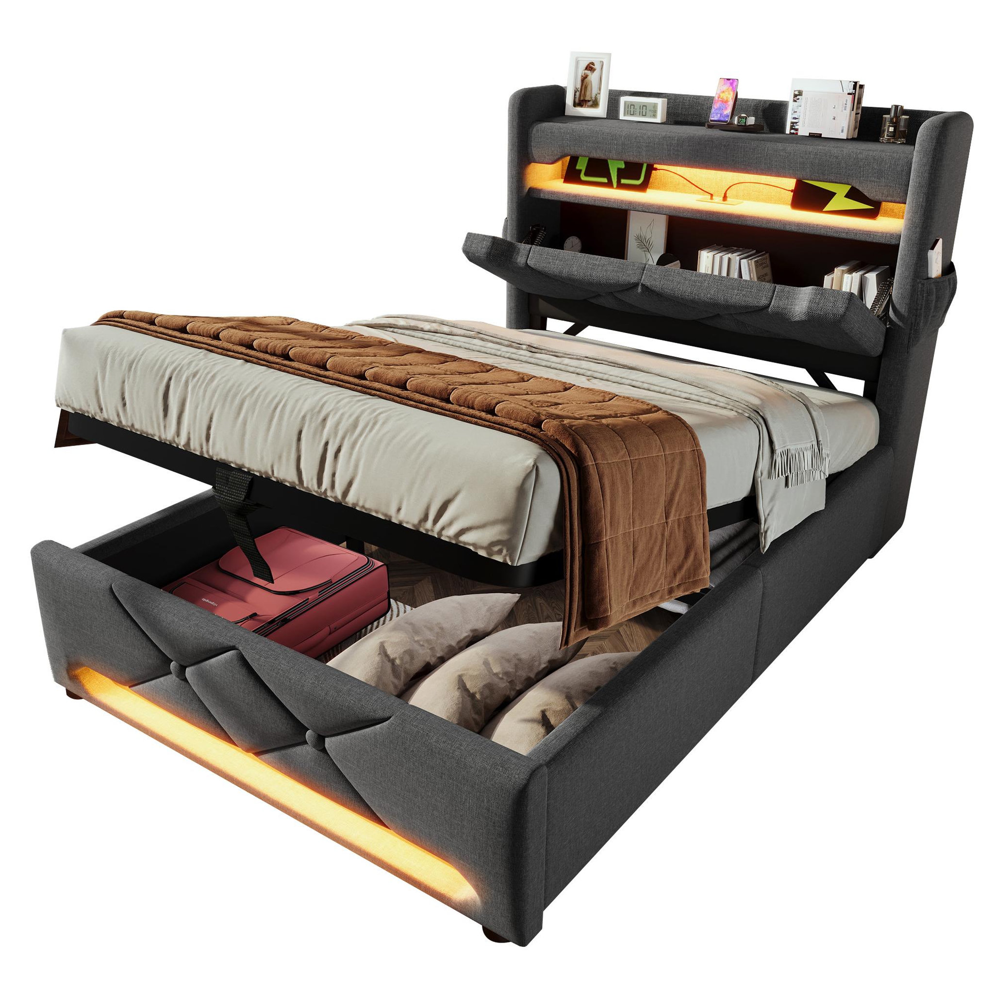 MERAX Lit coffre lin avec tête de lit rangement usb led et sommier. Coloris disponibles : Beige, Gris