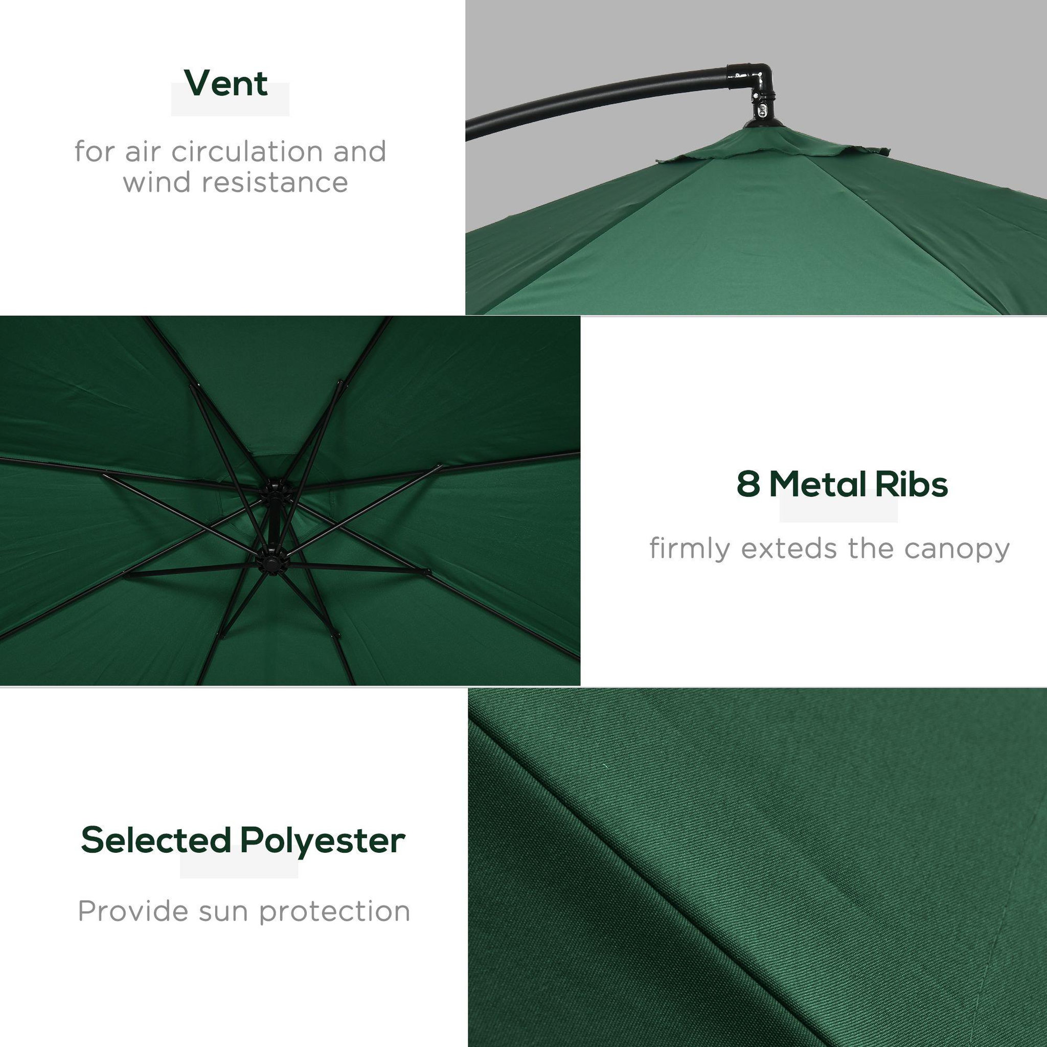 Voir la diapositive 6 : OUTSUNNY Parasol déporté octogonal inclinable pivotant manivelle moustiquaire pied acier Ø 2,95 x 2,42H m vert