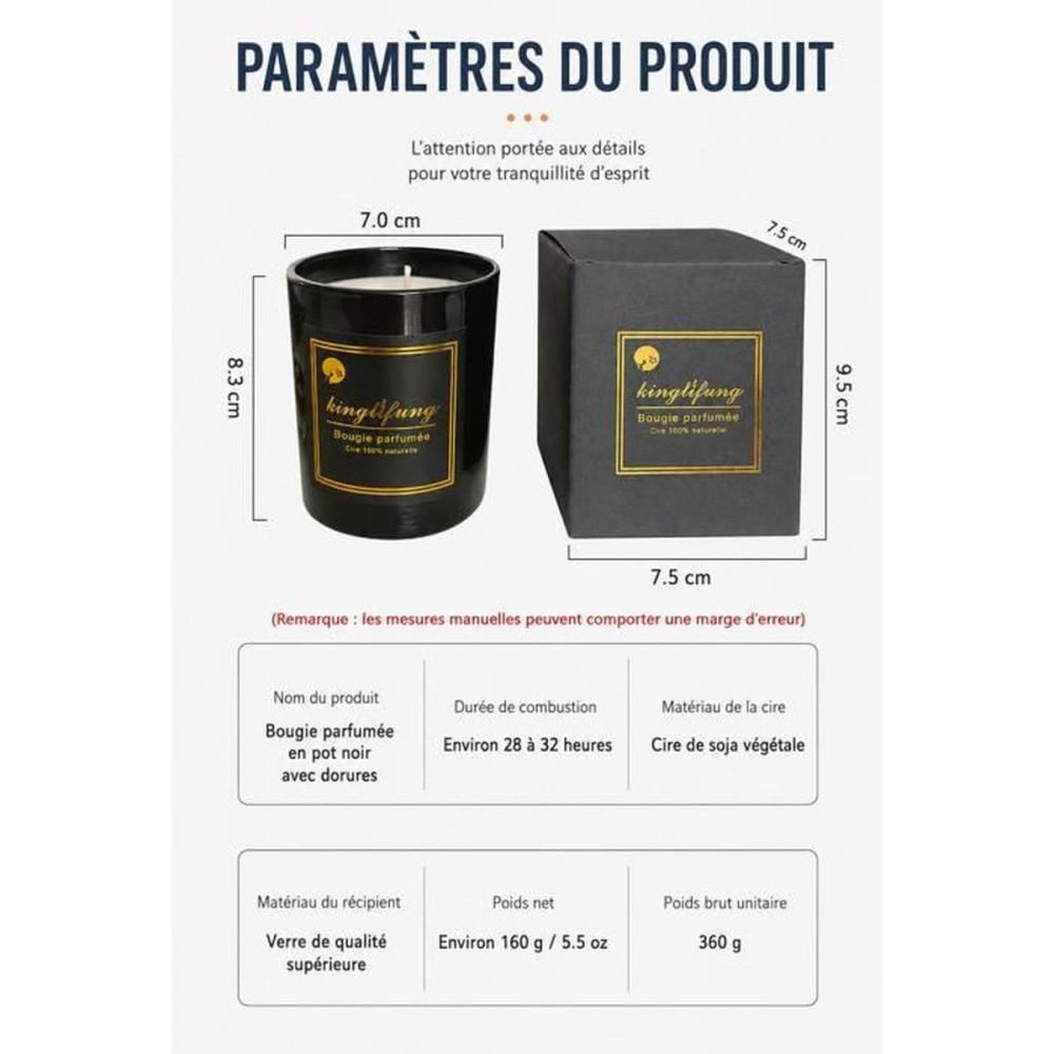 Voir la diapositive 6 : Bougie parfumée cire de soja 100% Tubéreuse & Angélique pot verre noir mèche en coton 160 g, brûle 30–45 h