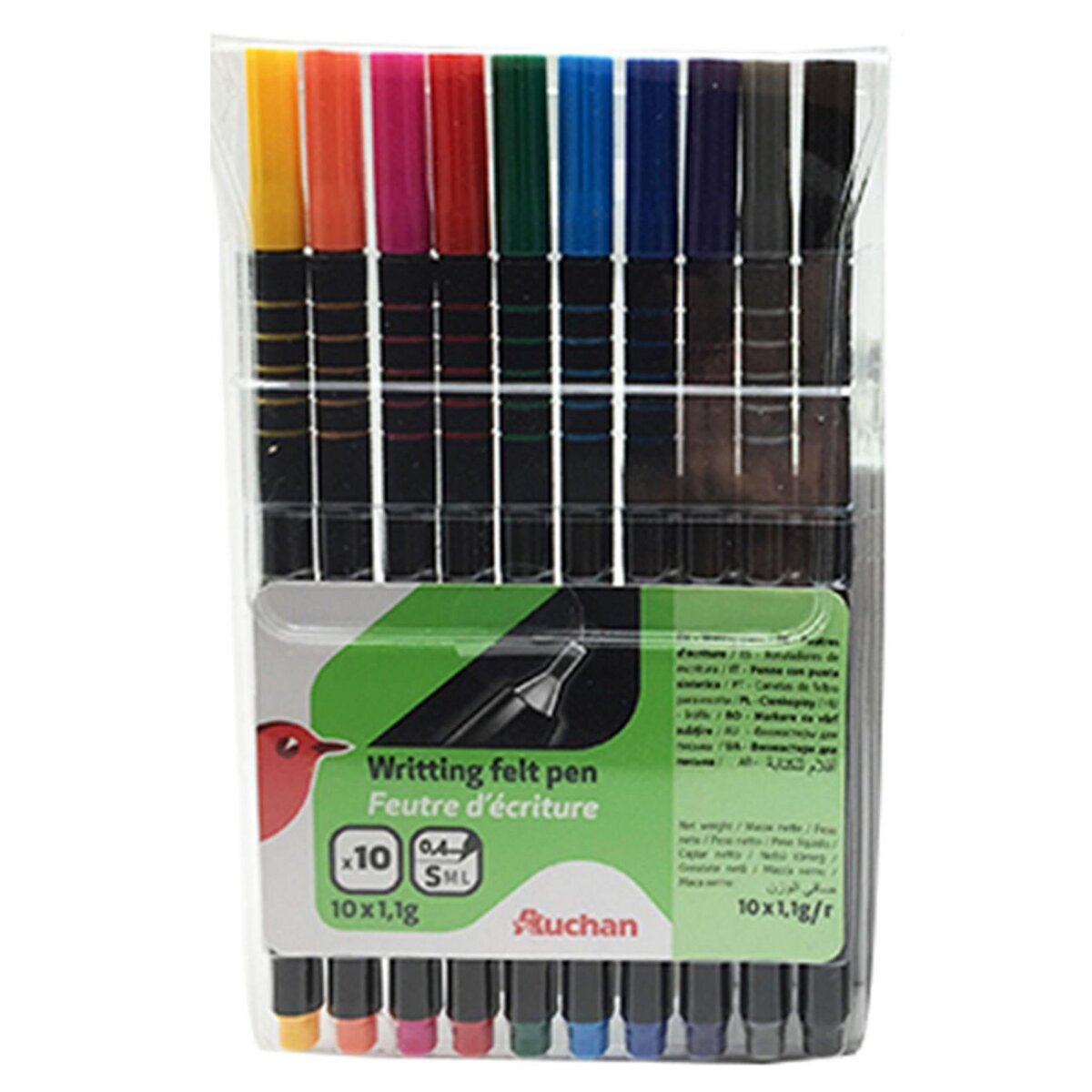 AUCHAN Pochette de 10 feutres d'écriture pointe fine 0.4mm - assortiment fantaisie