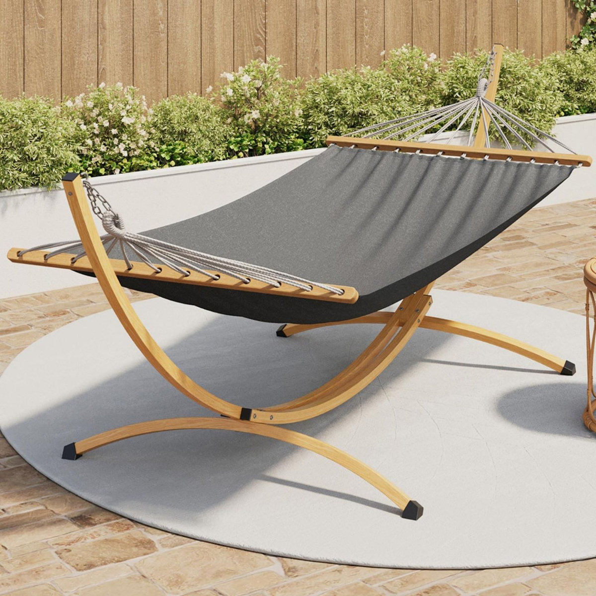 ID MARKET Hamac XL avec support métal effet bois et toile grise