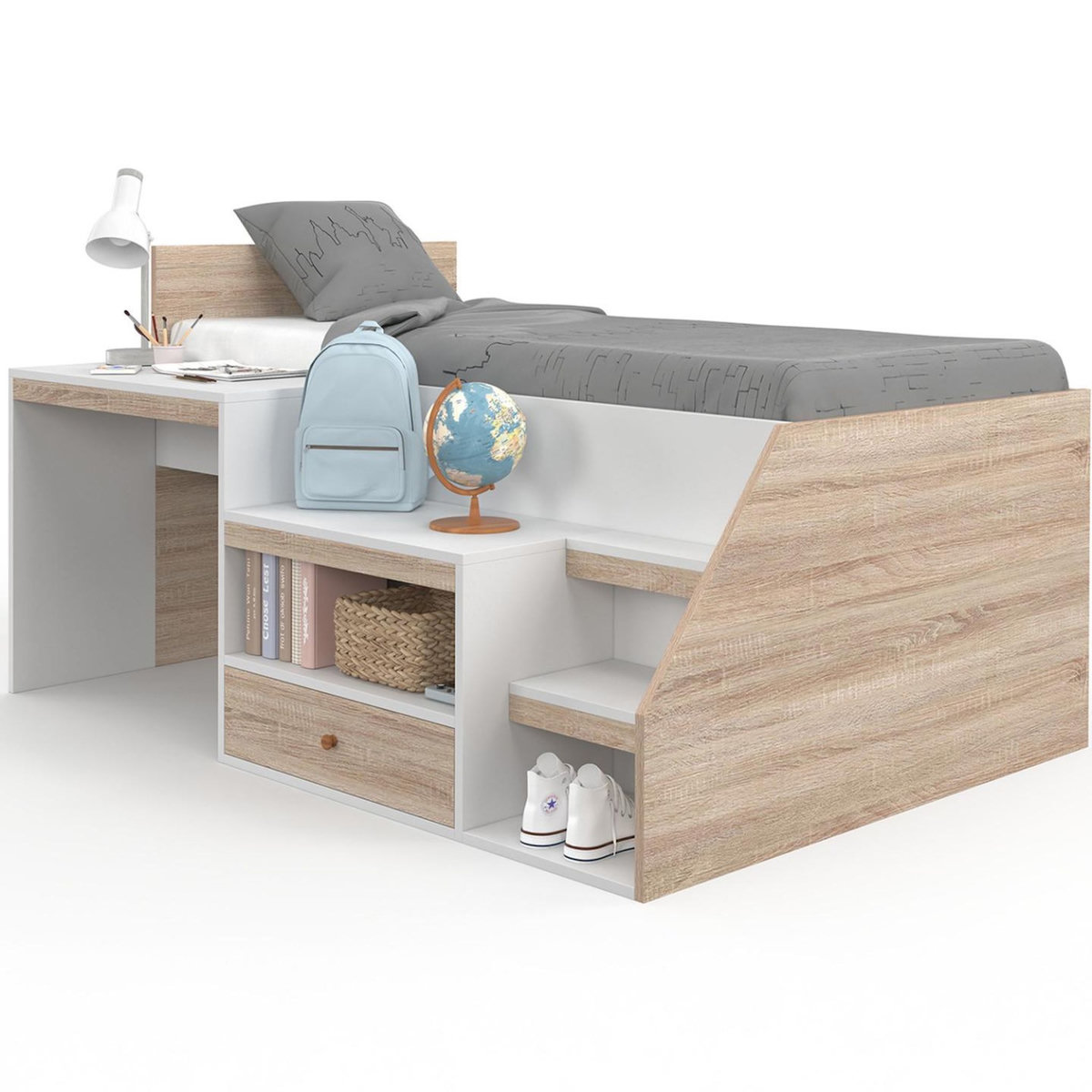 ID MARKET Lit combiné avec sommier, bureau et rangement LEOPOLD 90 x 190 cm hêtre et blanc
