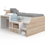 ID MARKET Lit combiné avec sommier, bureau et rangement LEOPOLD 90 x 190 cm hêtre et blanc
