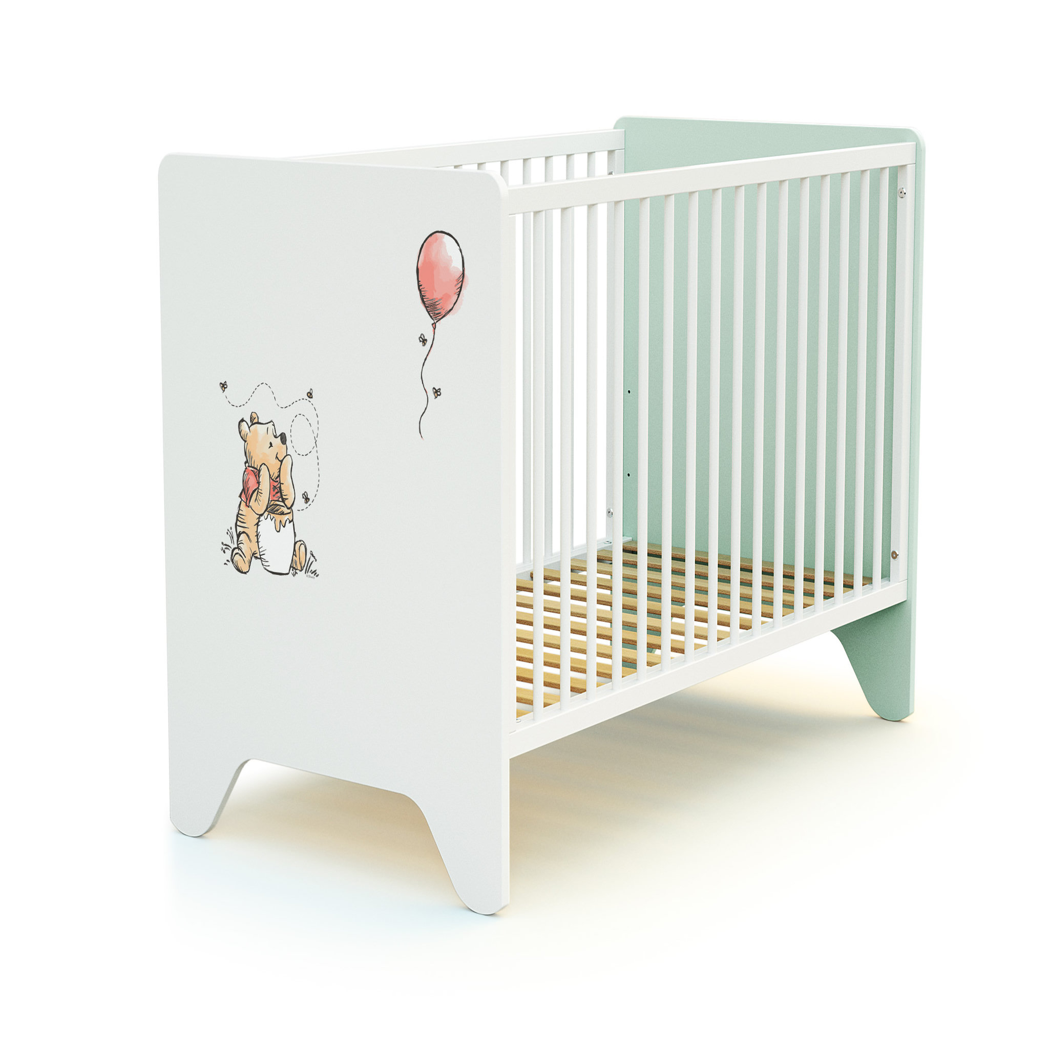 Voir la diapositive 6 : AT4 Ensemble lit bébé 60x120 cm et commode à langer 3 tiroirs WINNIE BALLON DISNEY Vert d'eau