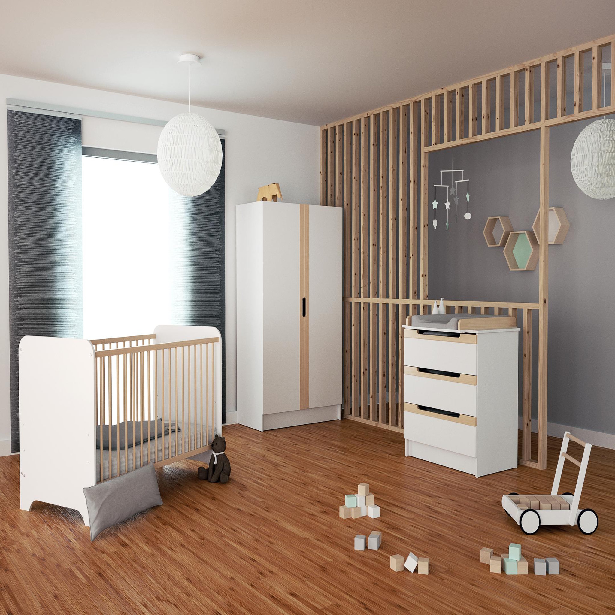 Voir la diapositive 2 : AT4 Chambre bébé lit, commode à langer et armoire blanc et hêtre verni