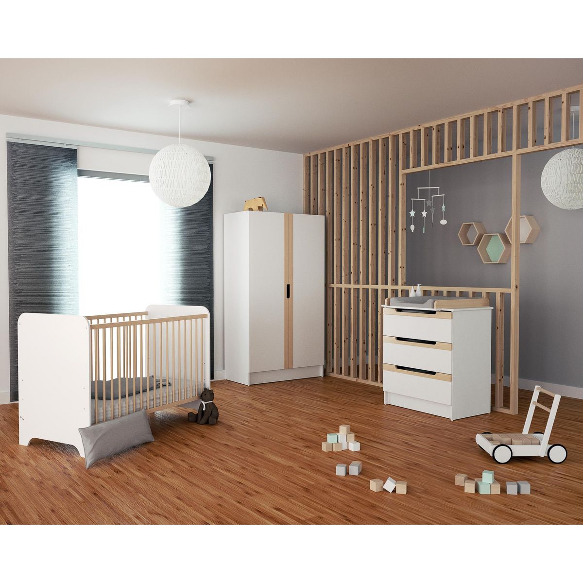 AT4 Chambre bébé lit, commode à langer et armoire Blanc et Hêtre Verni