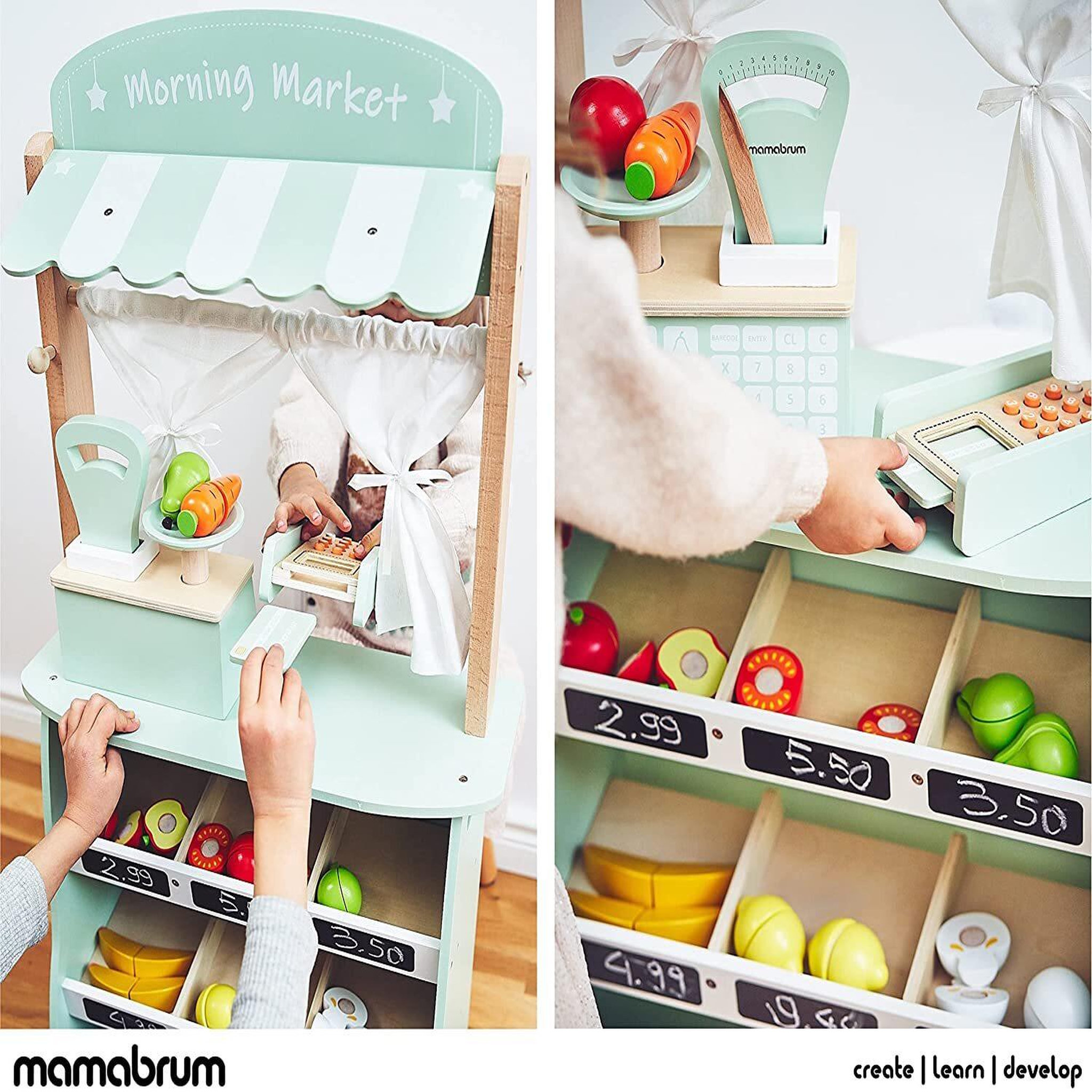 Voir la diapositive 2 : MAMABRUM Marchande Enfant & Théâtre en Bois - 2EN1 Grand Stand Vendeur - Terminal, Balance Fruits & Légumes