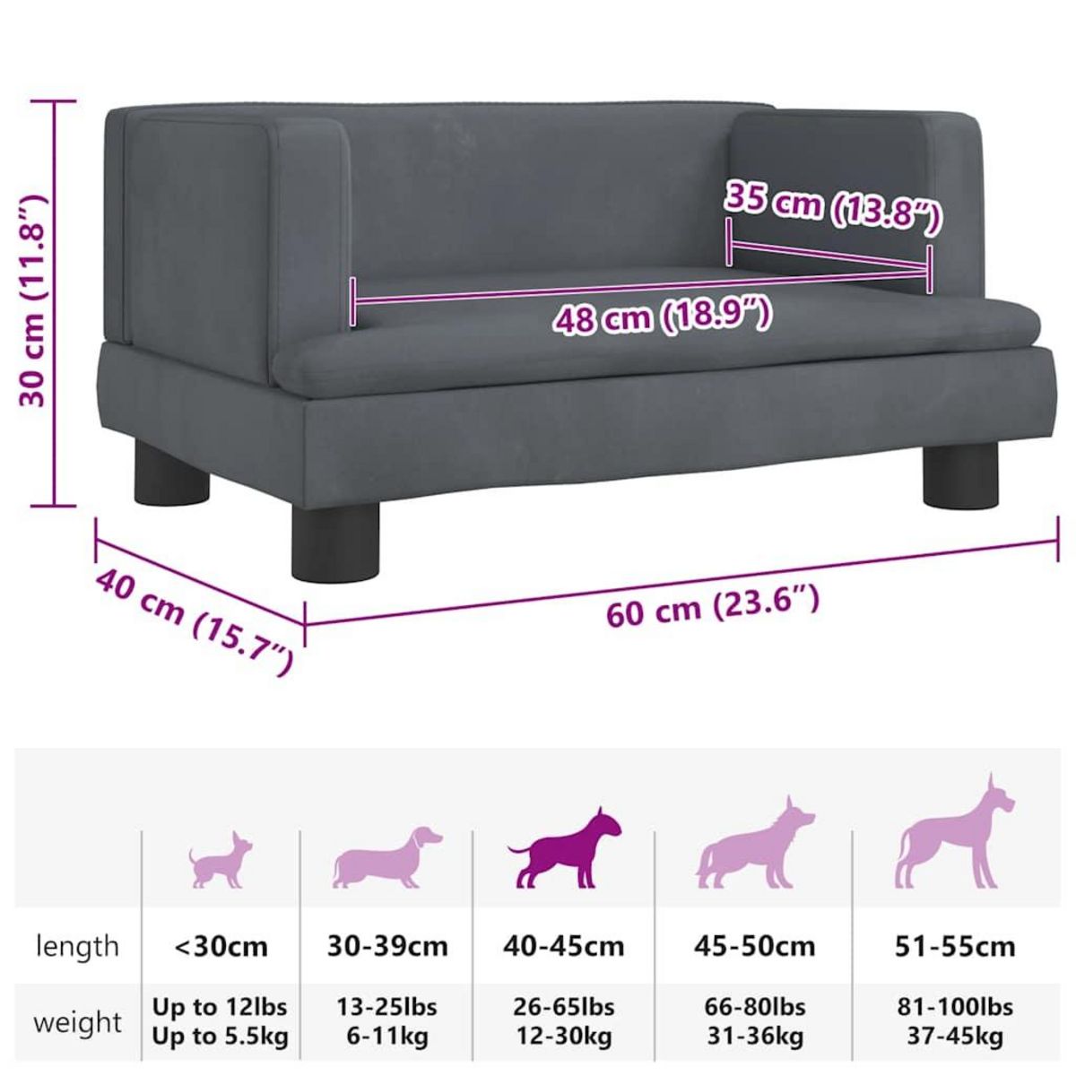 VIDAXL Lit pour chien gris fonce 60x40x30 cm velours