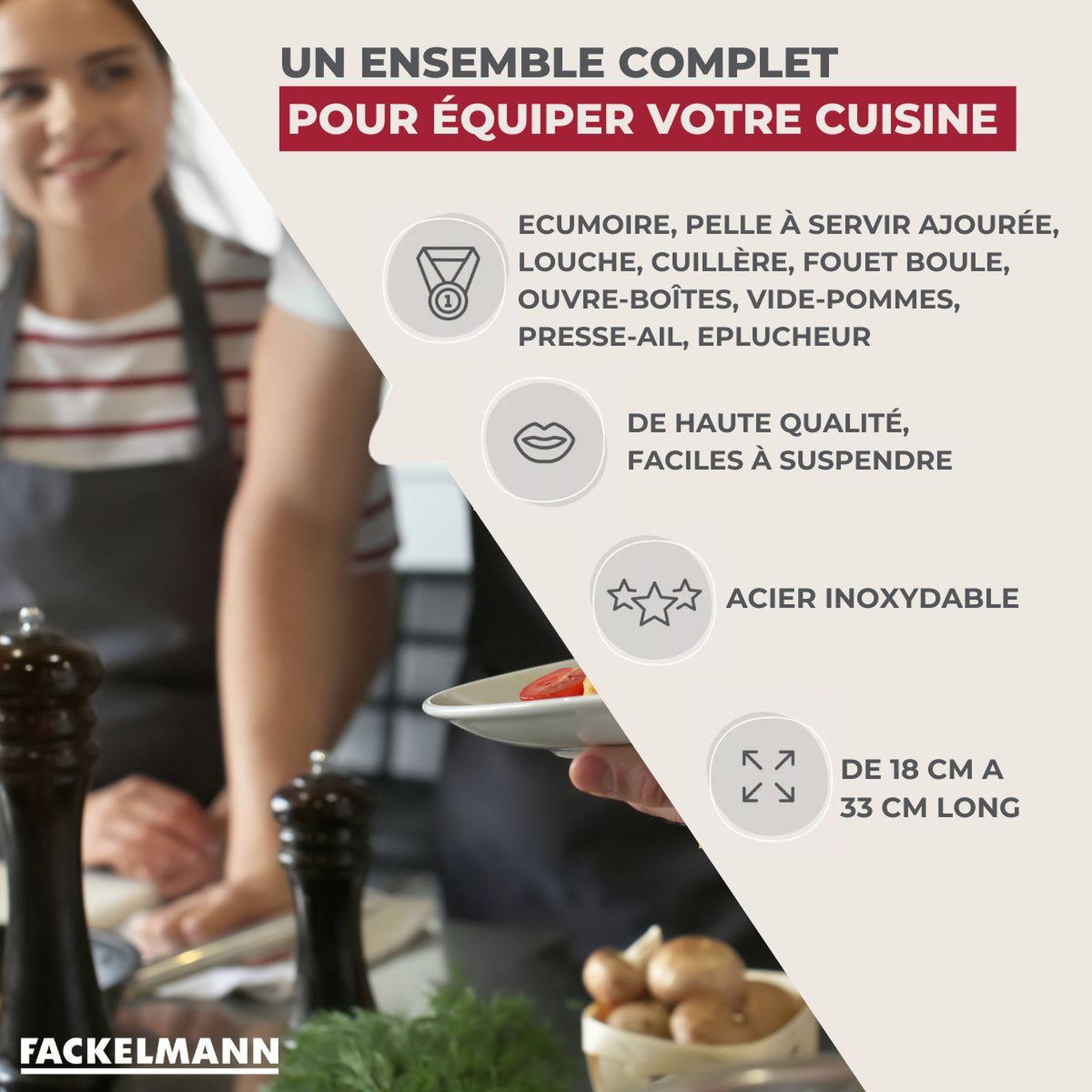 Voir la diapositive 3 : Fackelmann Ensemble de 9 ustensiles de cuisine inox fackelmann ovale