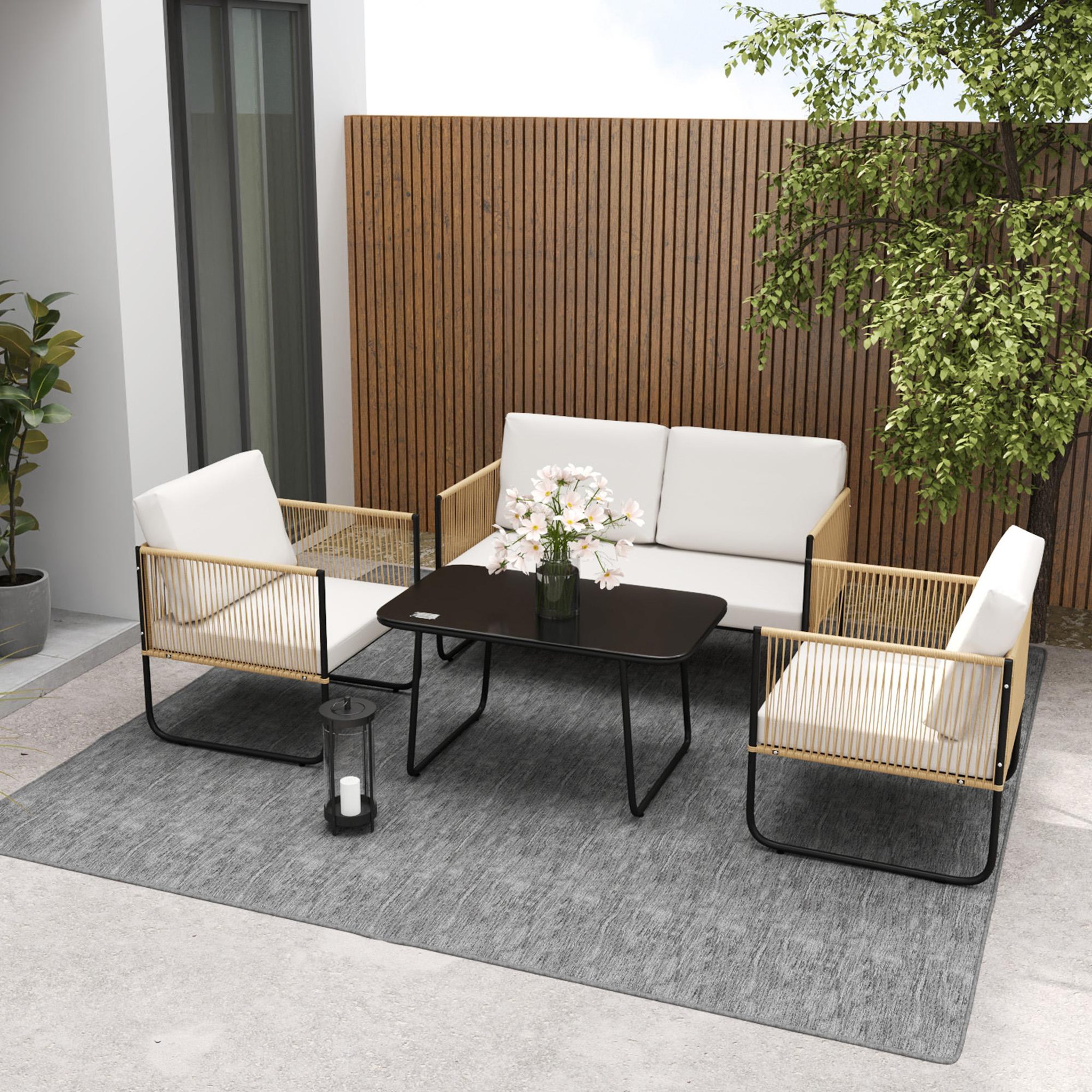 Voir la diapositive 4 : OUTSUNNY Salon de jardin 4 personnes 4 pièces style colonial acier noir résine filaire naturel