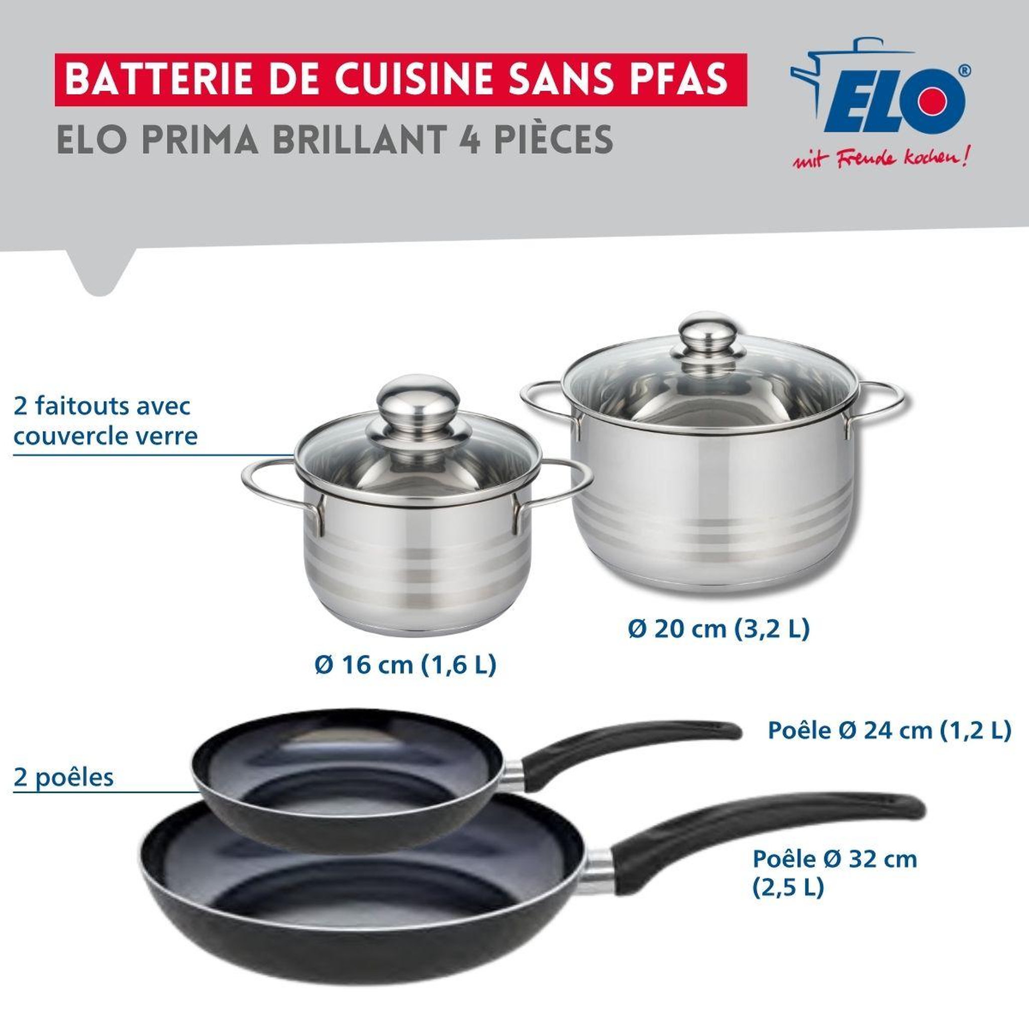 Voir la diapositive 2 : ELO Ensemble de 2 poêles de cuisson 24 et 32 cm et 2 faitouts 16 et 20 cm elo prima brillant