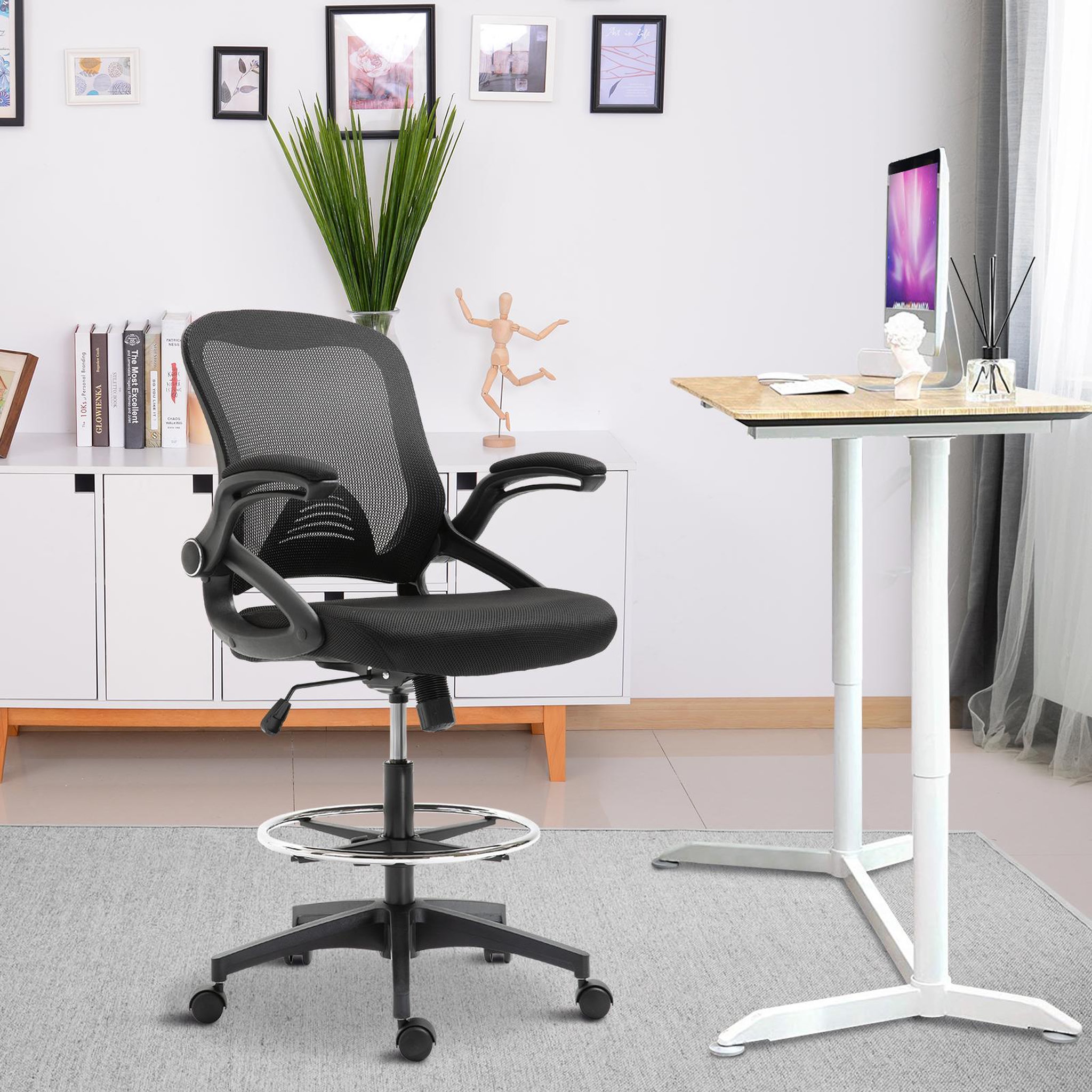 Voir la diapositive 2 : HOMCOM Fauteuil de bureau chaise de bureau assise haute réglable dim. 64L x 60l x 106-126H cm pivotant 360° maille respirante noir