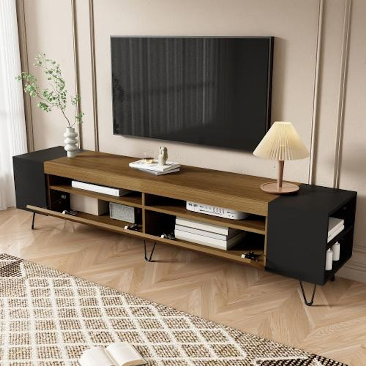 MERAX Meuble tv noir+naturel 180 cm mdf